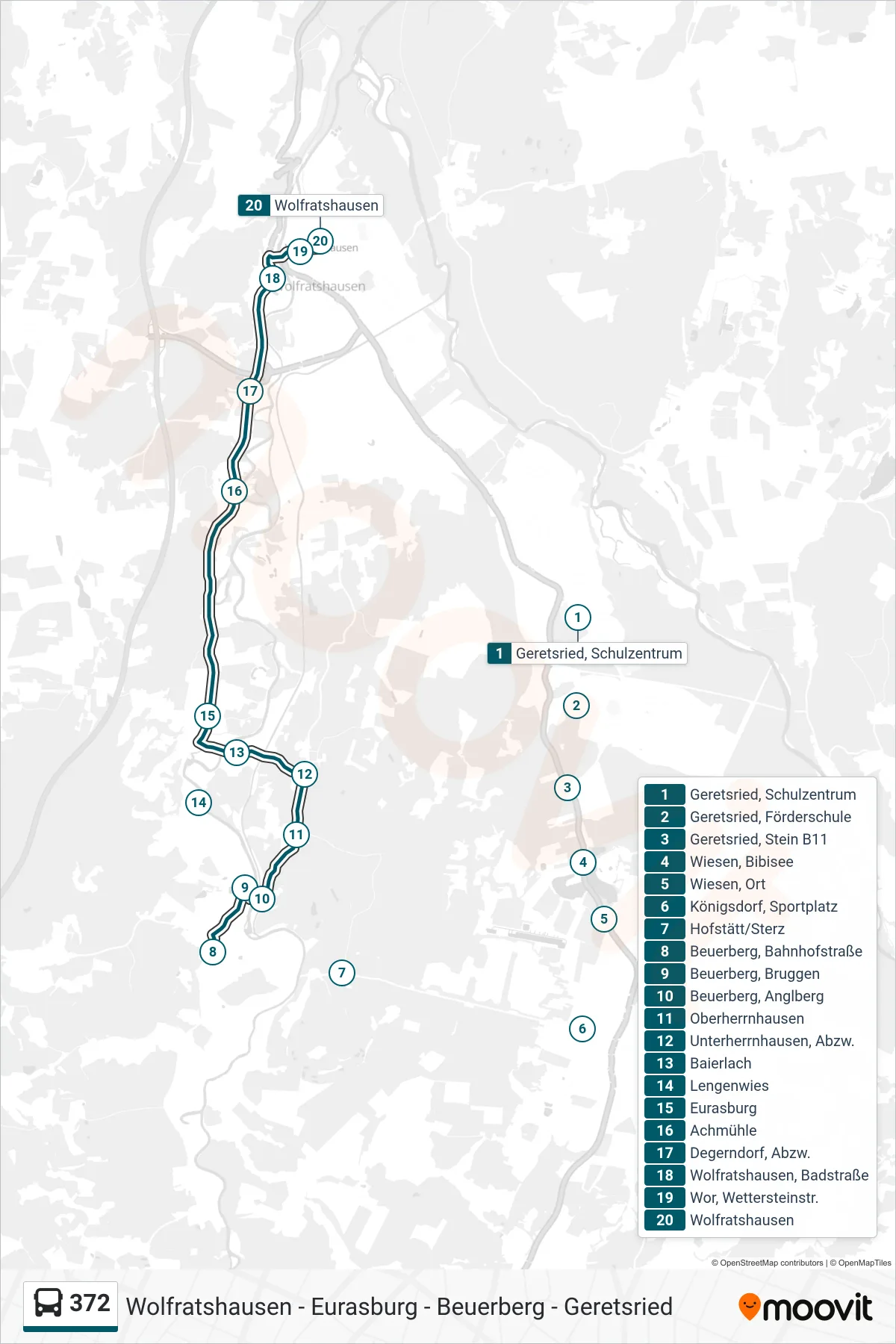 Linie 372 (Bus) Richtung Wolfratshausen: Route und Haltestellen auf der Karte