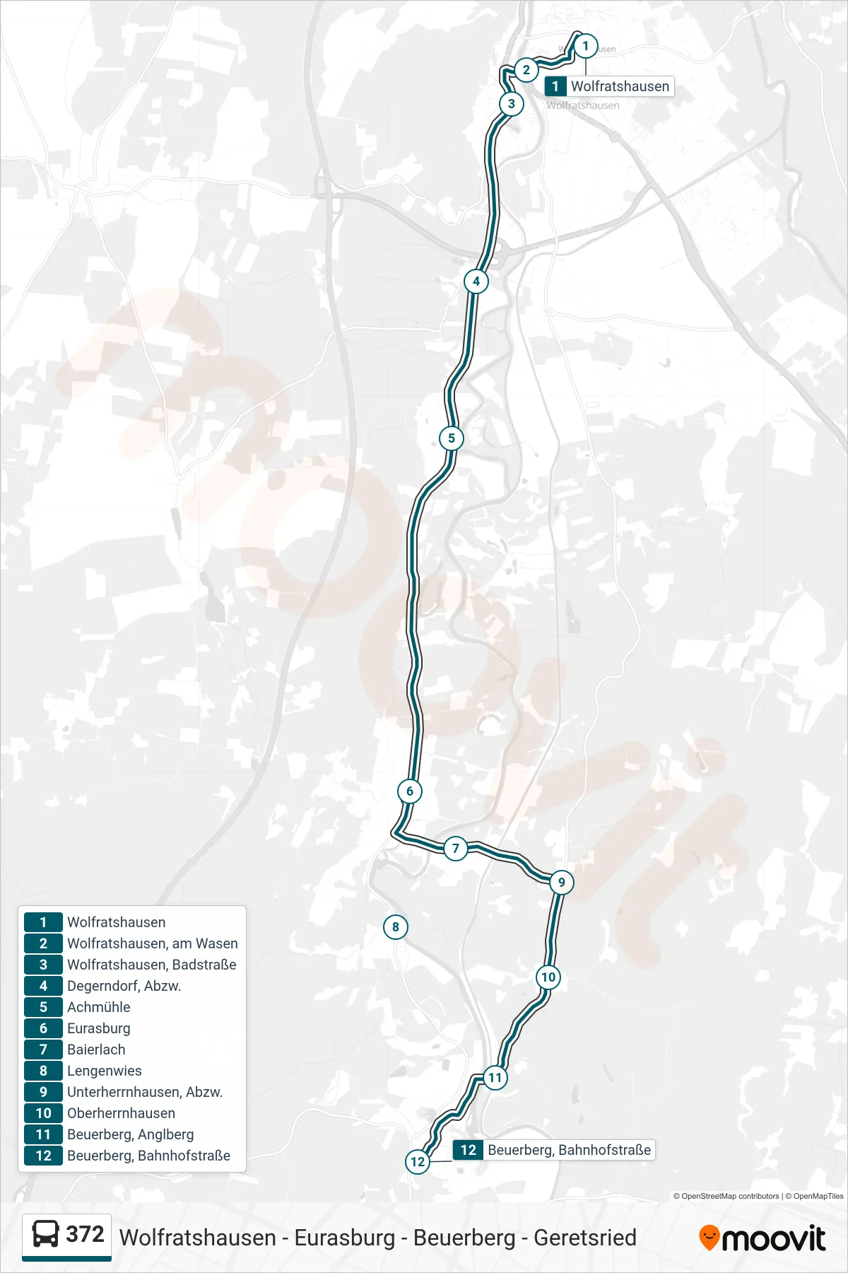 372 bus Line (Bahnhofstraße) route and stops on a map