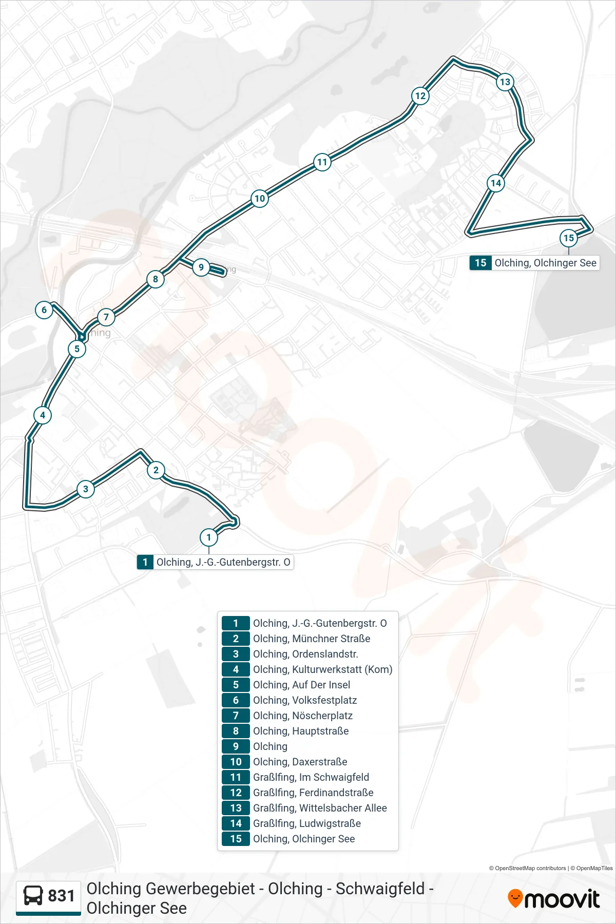 Linie 831 (Bus) Richtung Olchinger See: Route und Haltestellen auf der Karte