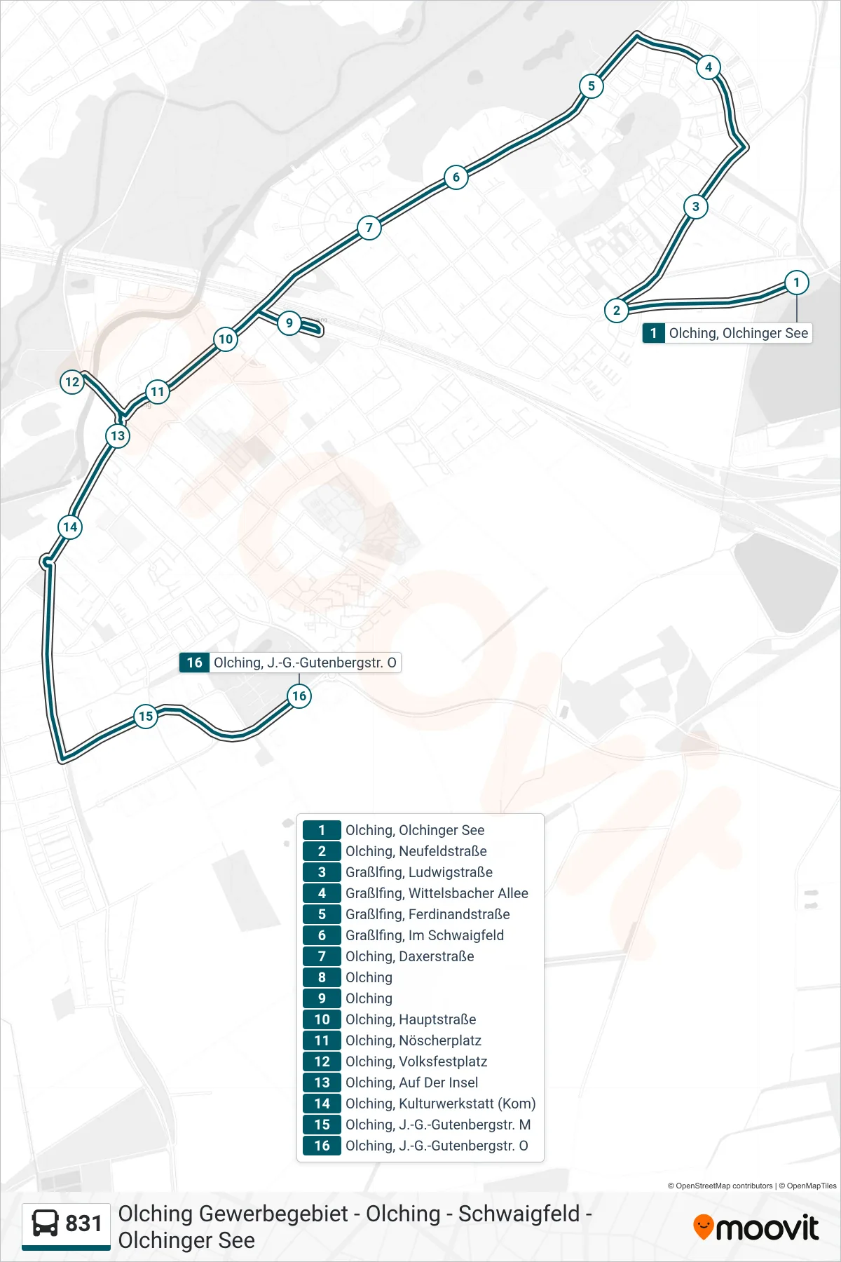 831 bus Line (J.-G.-Gutenbergstraße Ost) route and stops on a map