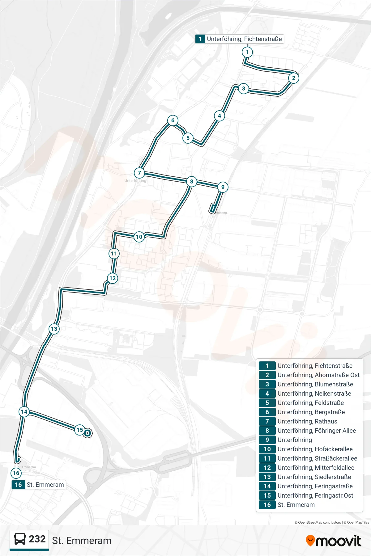 232 bus Line (St. Emmeram) route and stops on a map