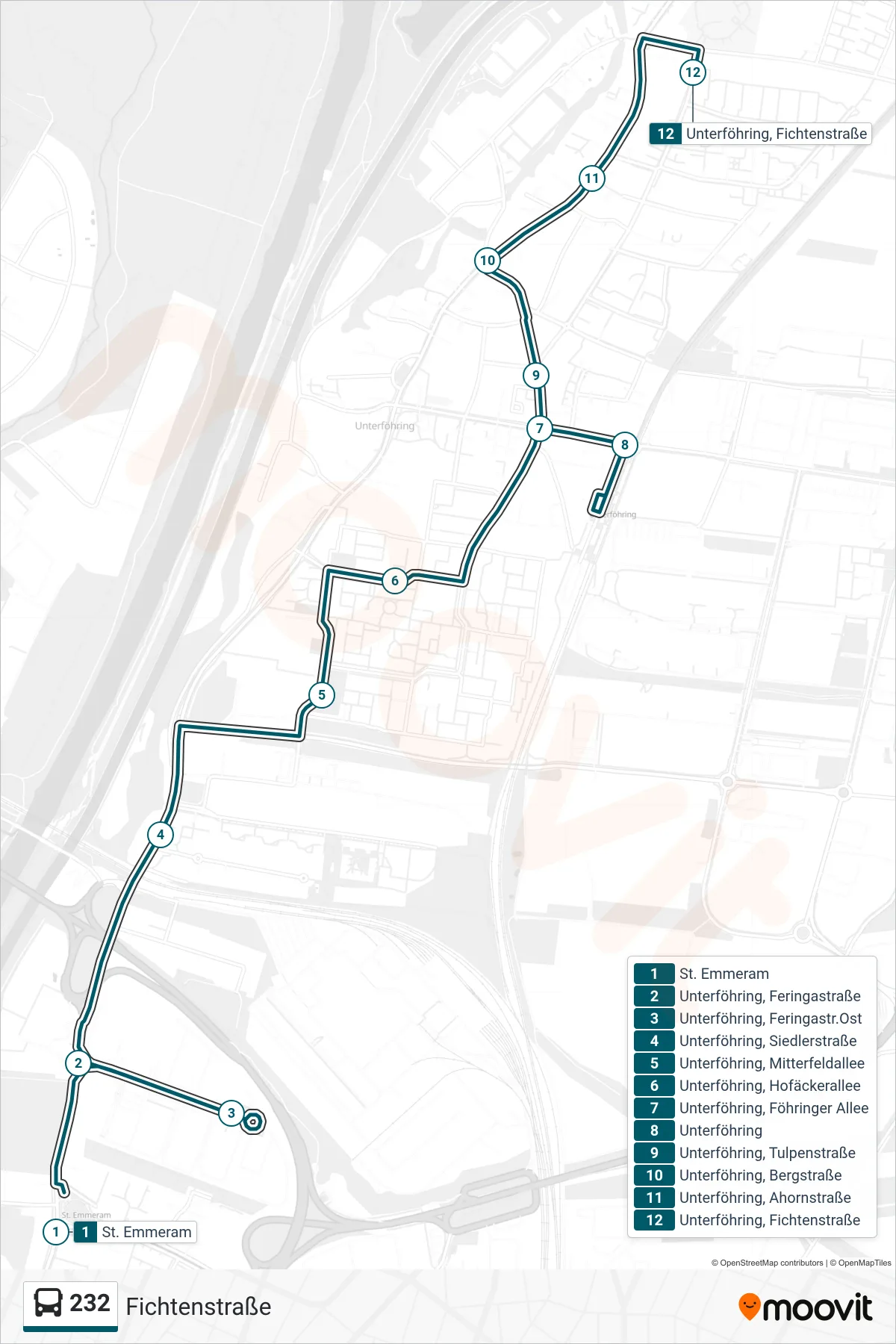 Linie 232 (Bus) Richtung Fichtenstraße: Route und Haltestellen auf der Karte