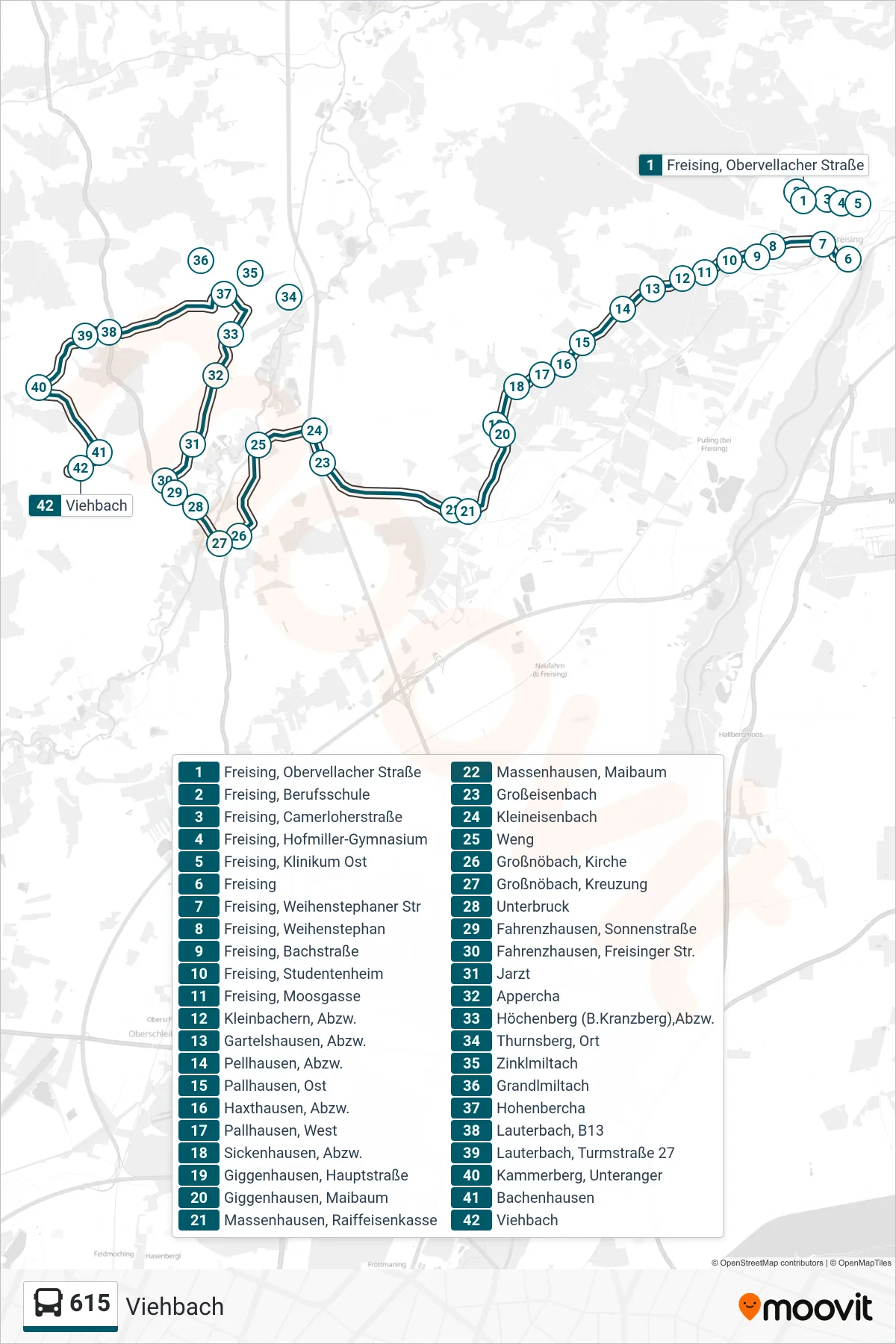 615 bus Line (Viehbach) route and stops on a map
