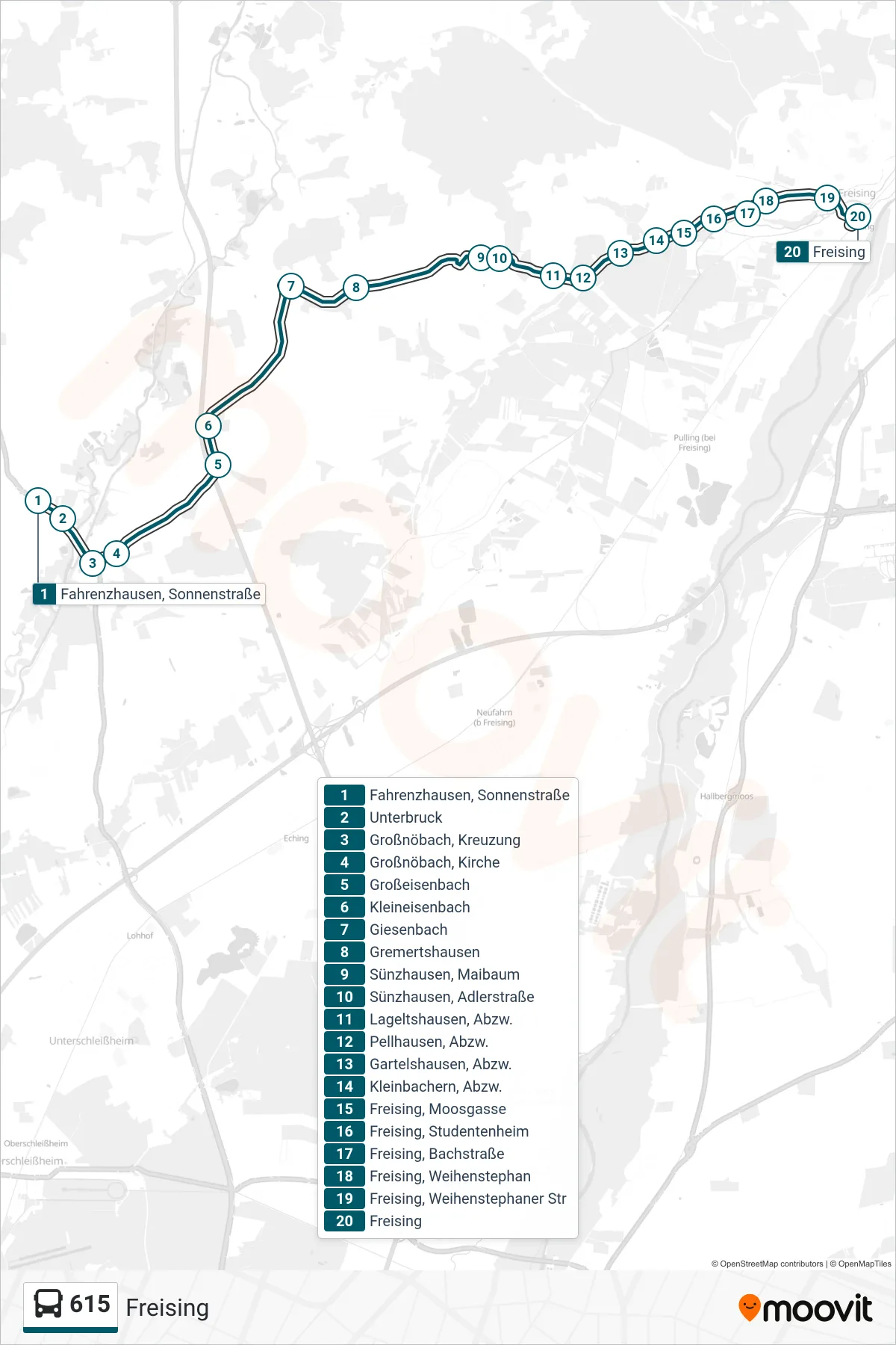 615 bus Line (Freising) route and stops on a map