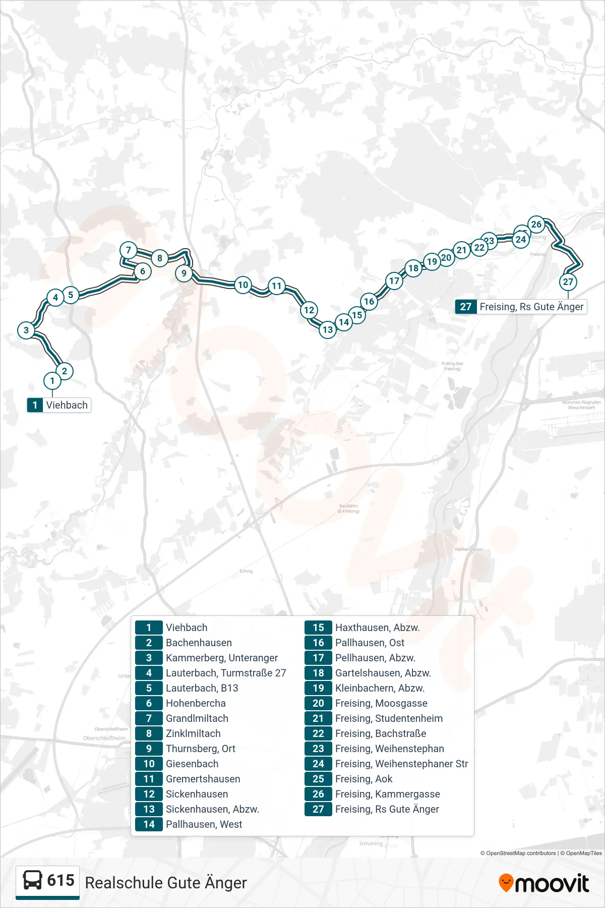 615 bus Line (Realschule Gute Änger) route and stops on a map