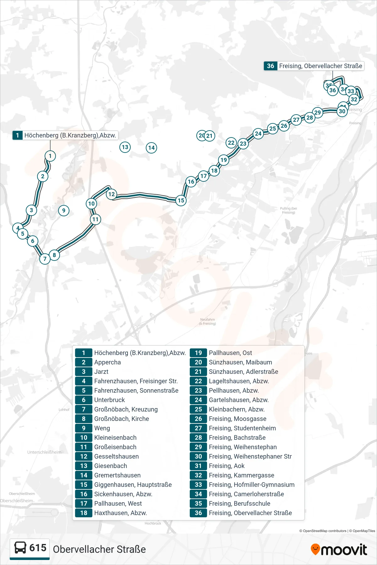 615 bus Line (Obervellacher Straße) route and stops on a map