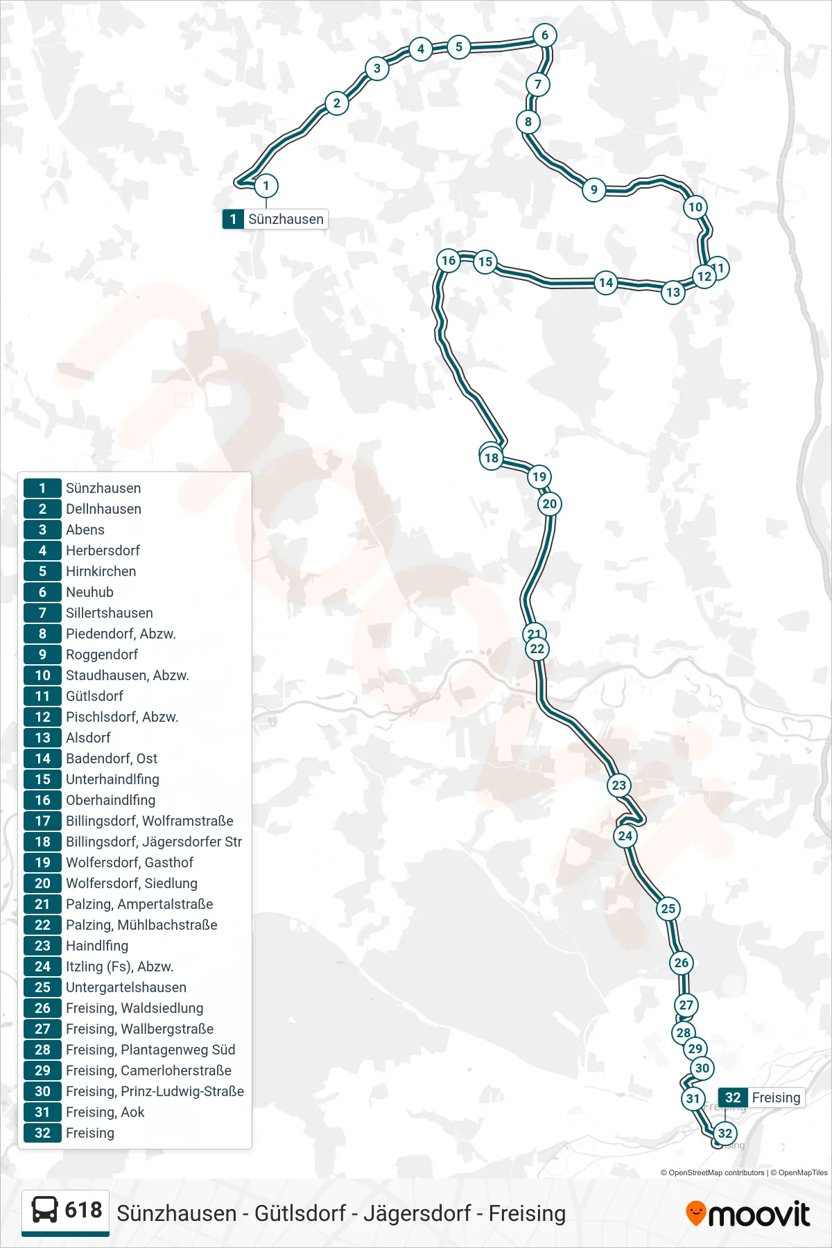 Linie 618 (Bus) Richtung Freising: Route und Haltestellen auf der Karte
