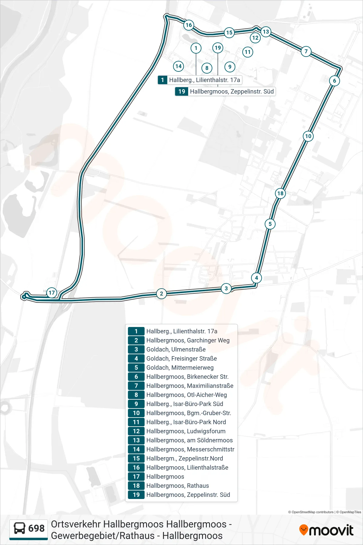 698 bus Line (Hallbergmoos) route and stops on a map