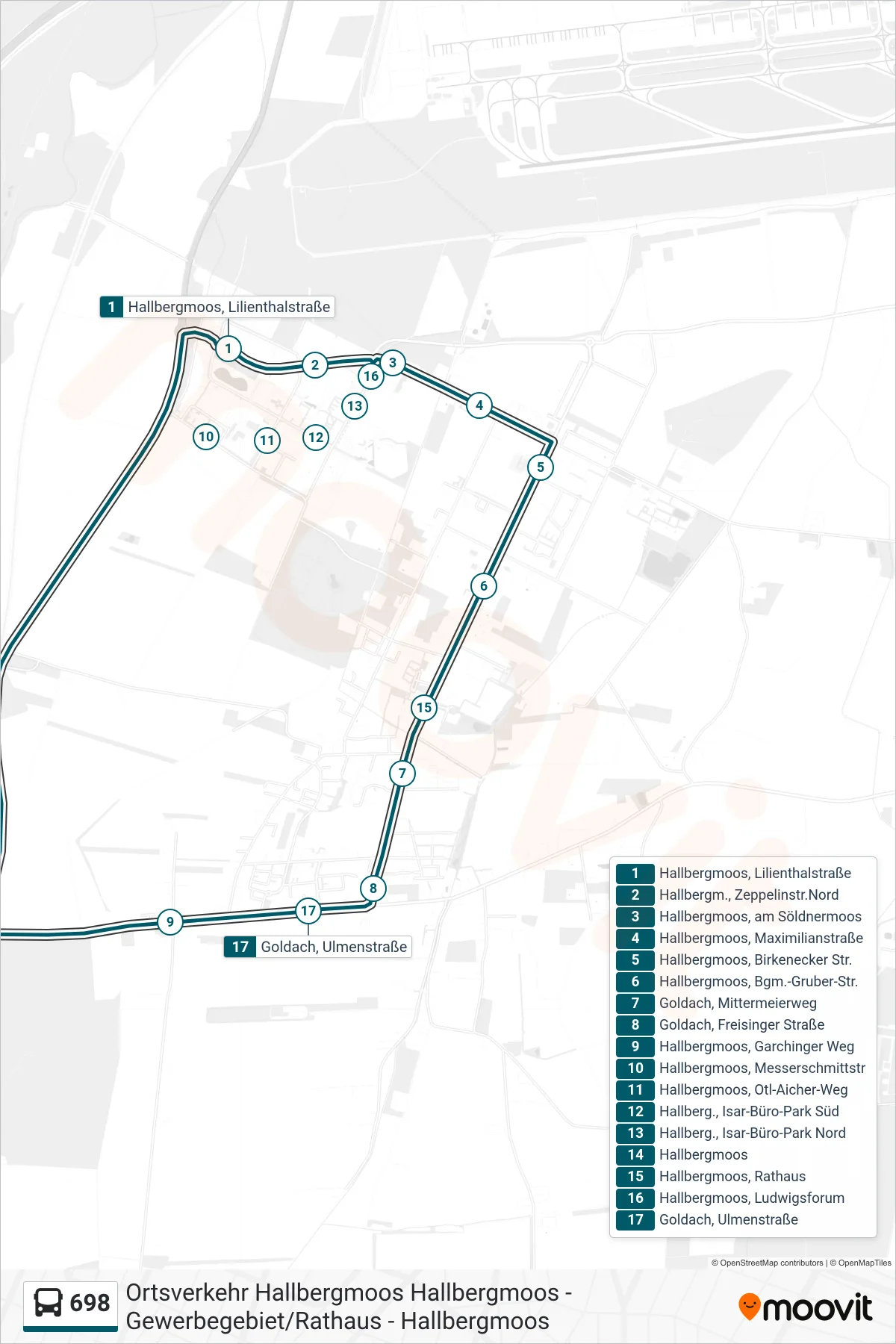 698 bus Line (Hallbergmoos) route and stops on a map