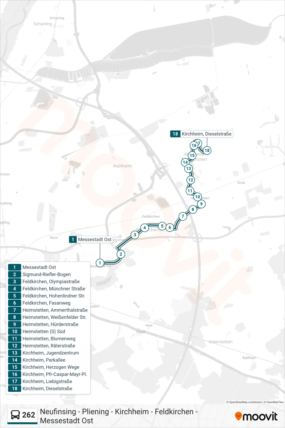 262 bus Line (Dieselstraße) route and stops on a map