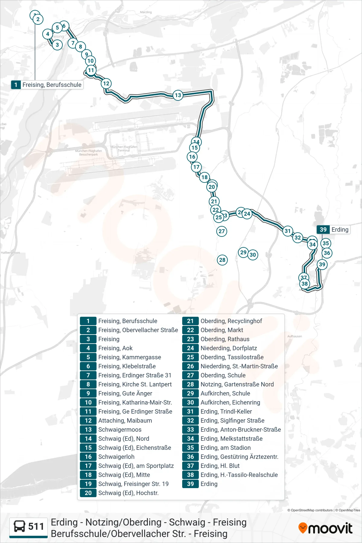 511 bus Line (Erding) route and stops on a map
