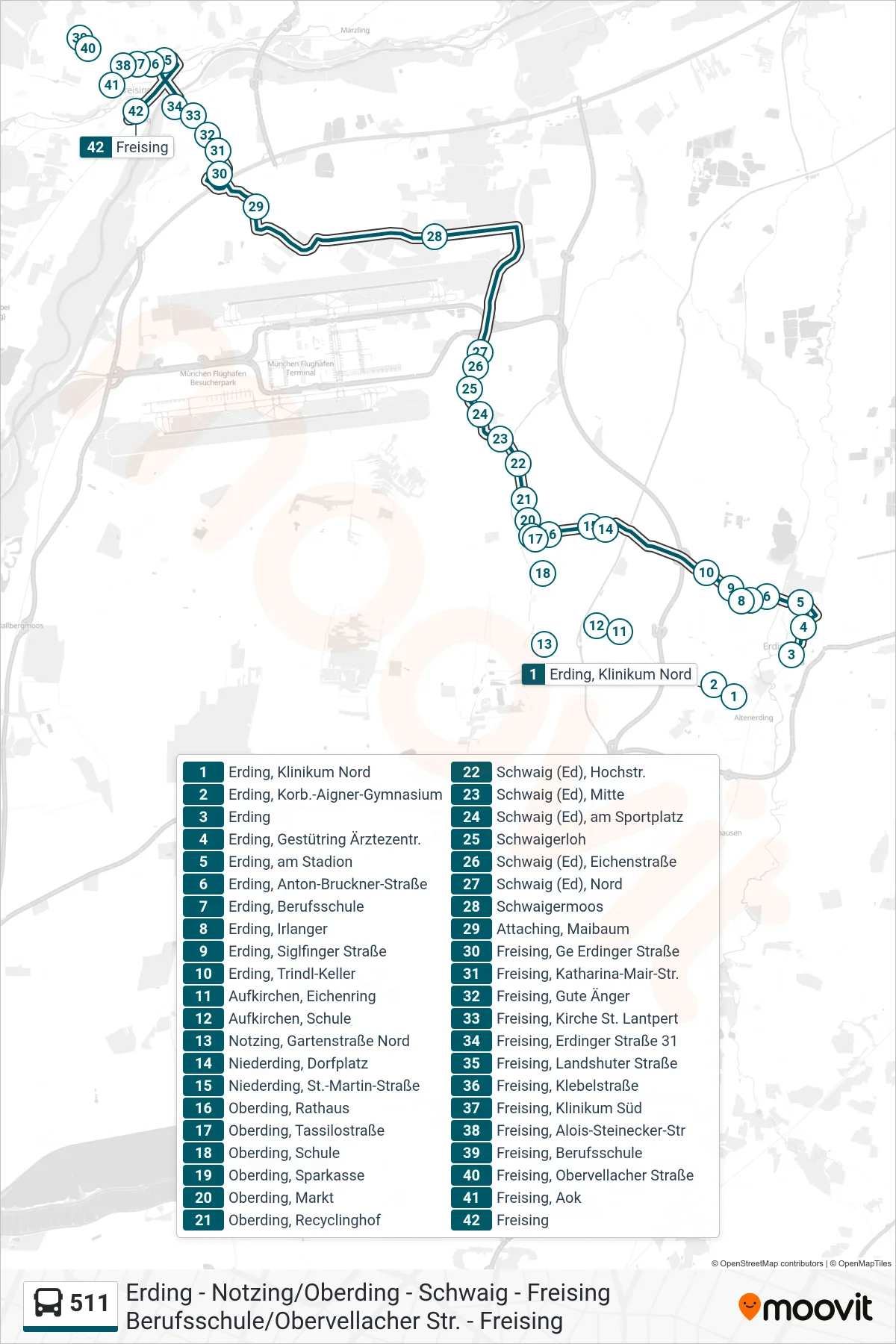 Linie 511 (Bus) Richtung Freising: Route und Haltestellen auf der Karte
