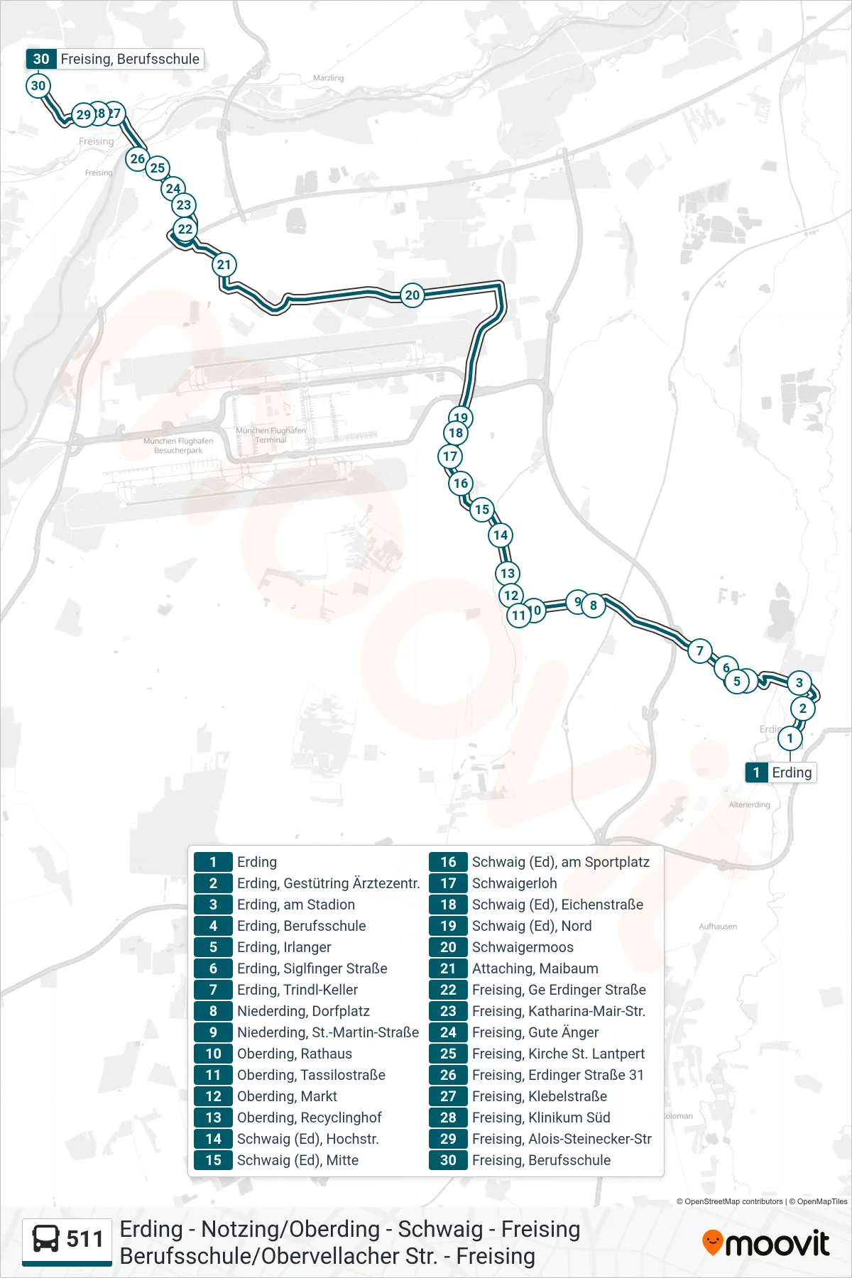 511 bus Line (Berufsschule) route and stops on a map