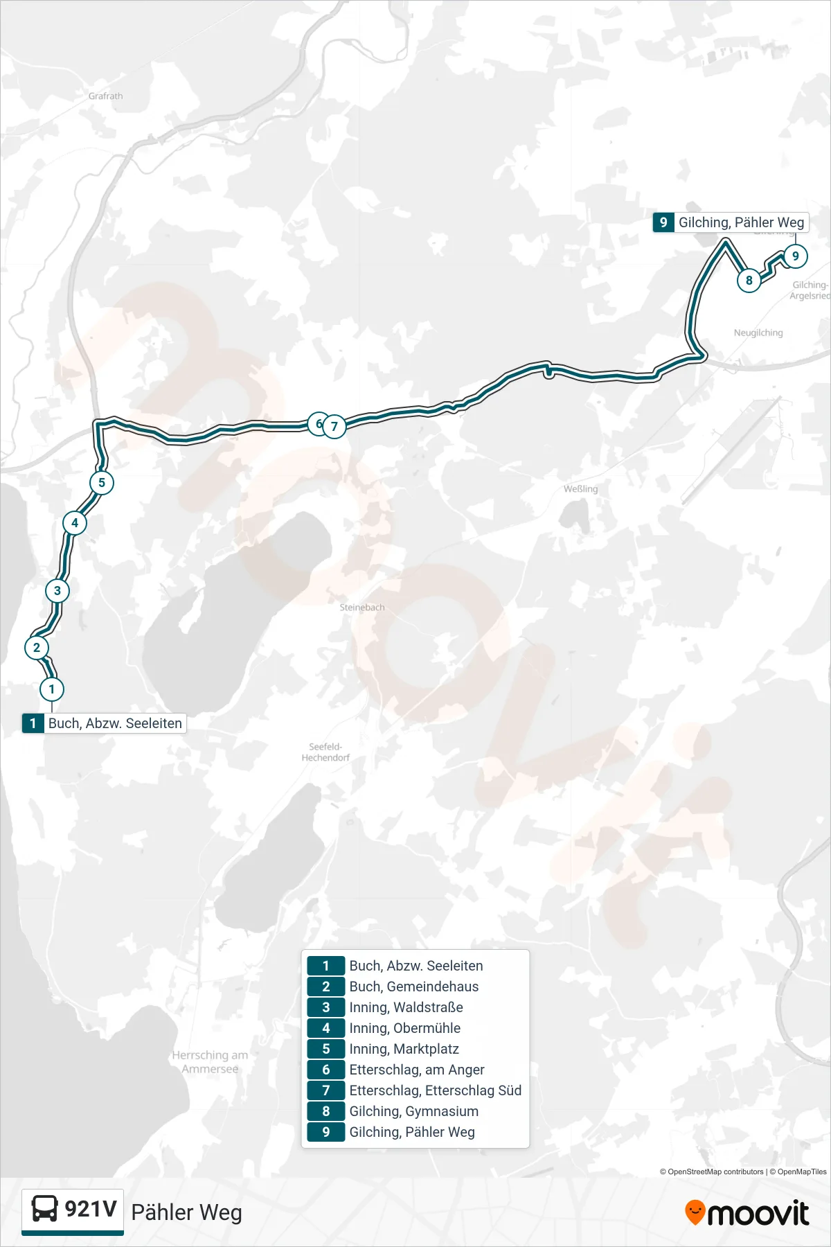 921V bus Line (Pähler Weg) route and stops on a map