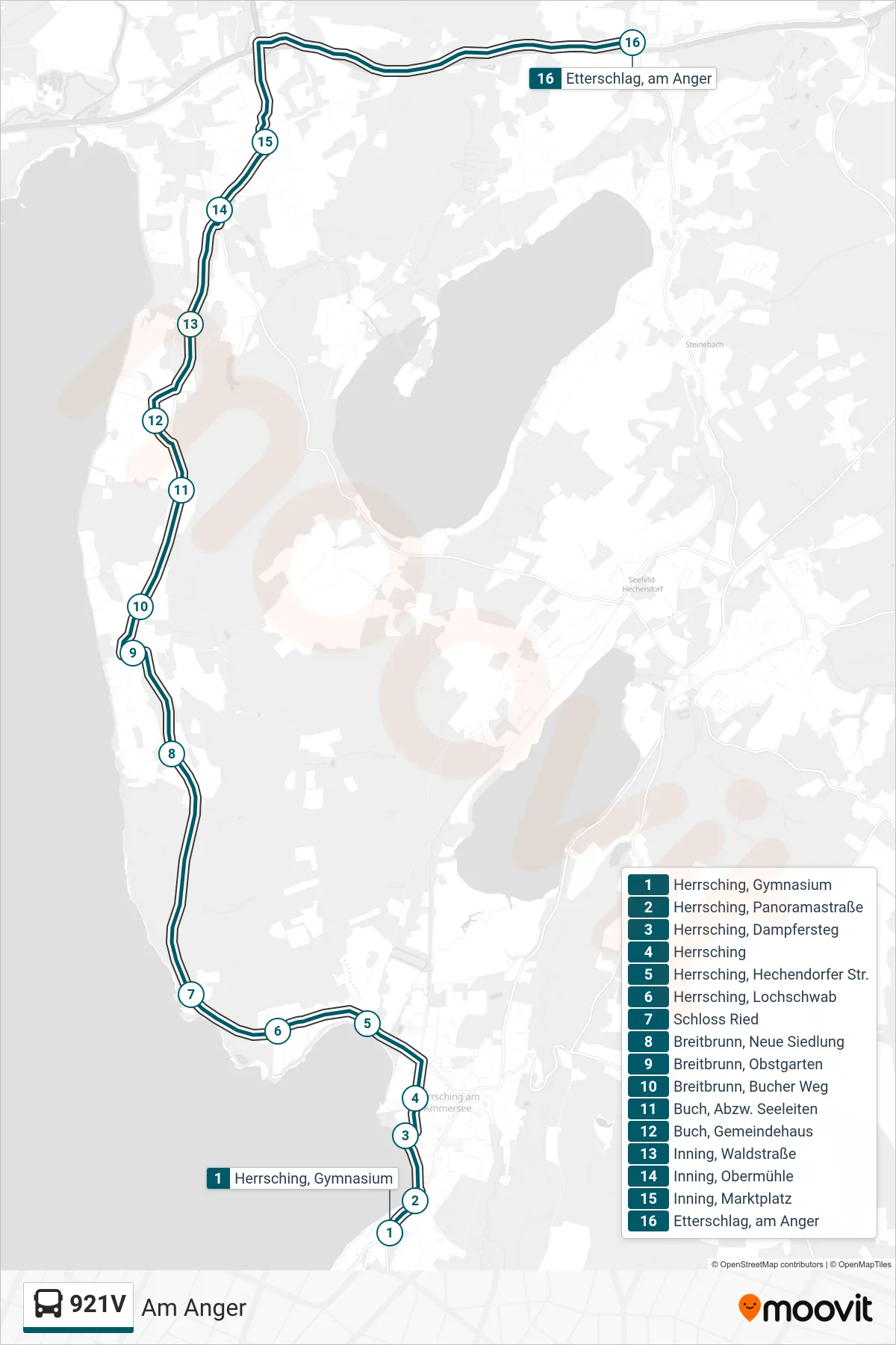 921V bus Line (Am Anger) route and stops on a map