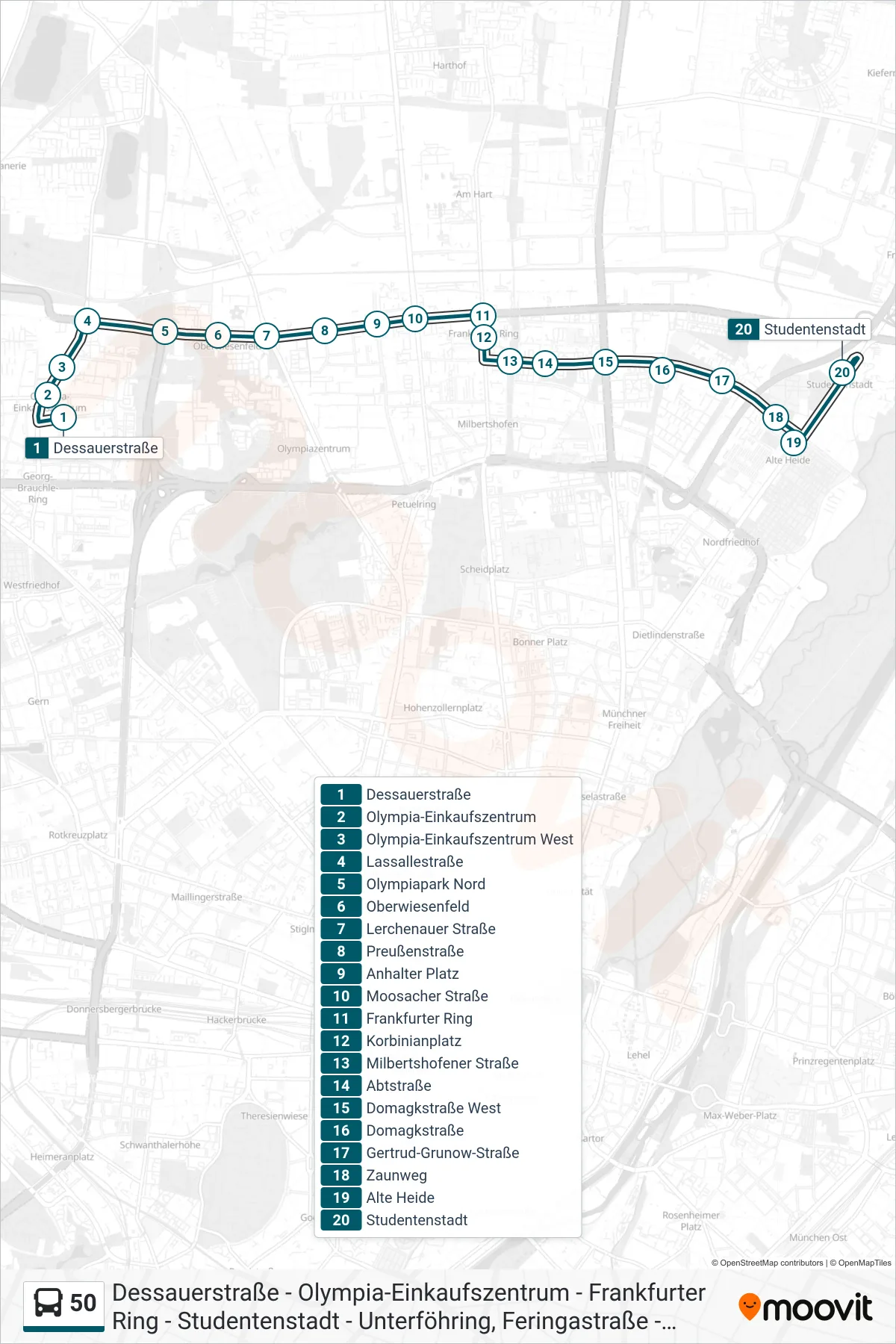 50 bus Line (Studentenstadt) route and stops on a map