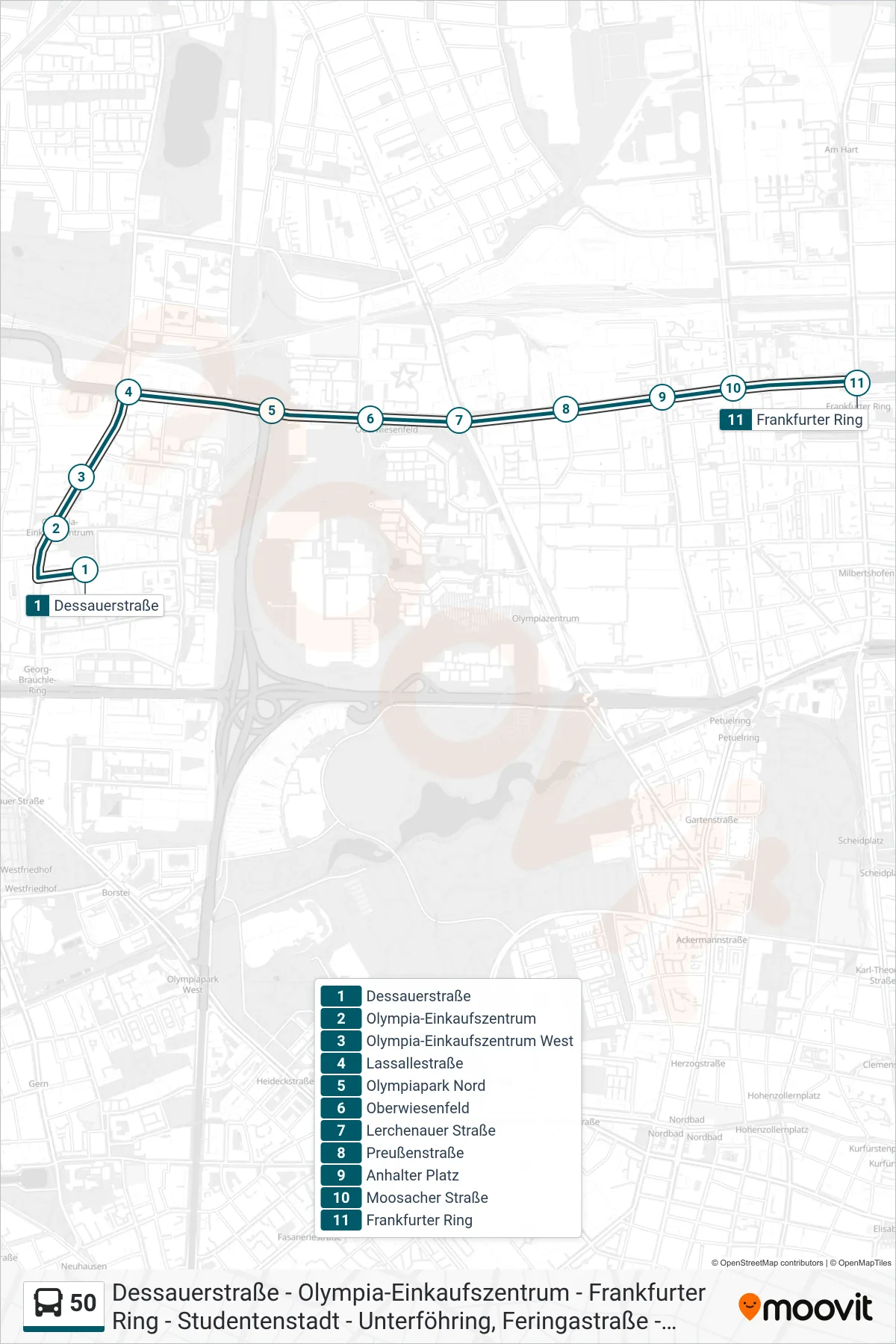 50 bus Line (Frankfurter Ring) route and stops on a map