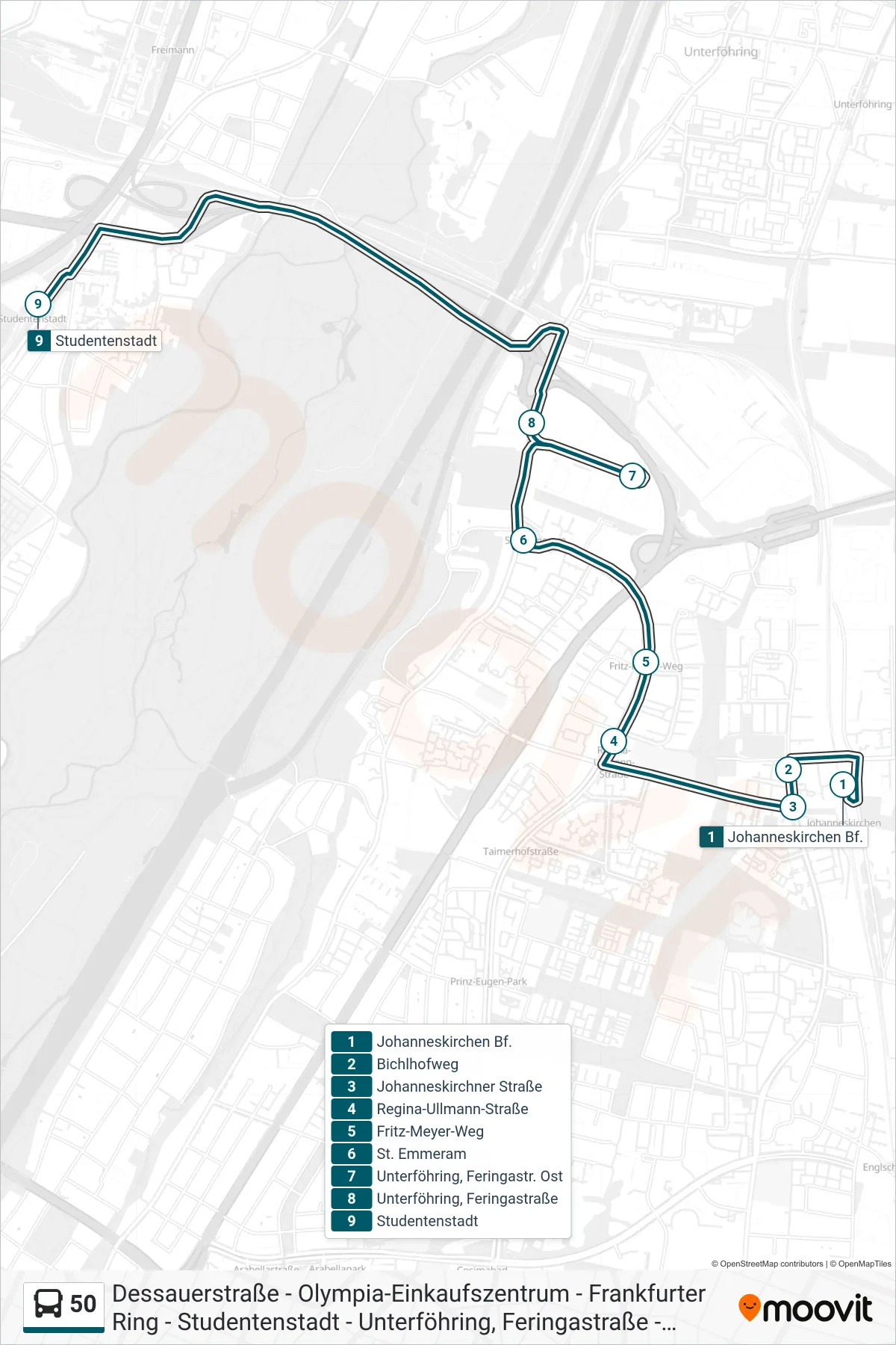50 bus Line (Studentenstadt) route and stops on a map
