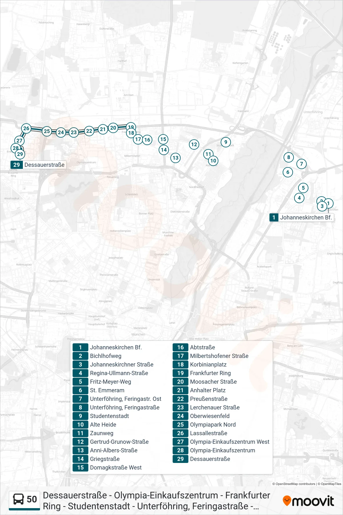 50 bus Line (Dessauerstraße) route and stops on a map