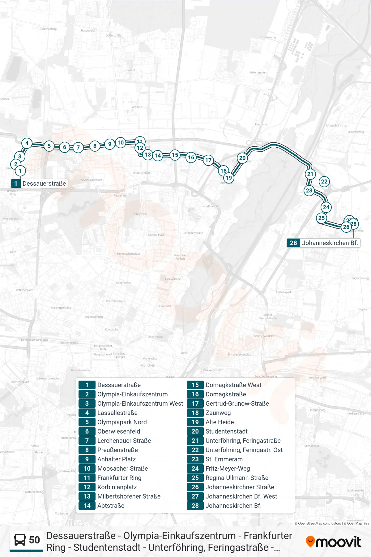 Linie 50 (Bus) Richtung Johanneskirchen: Route und Haltestellen auf der Karte