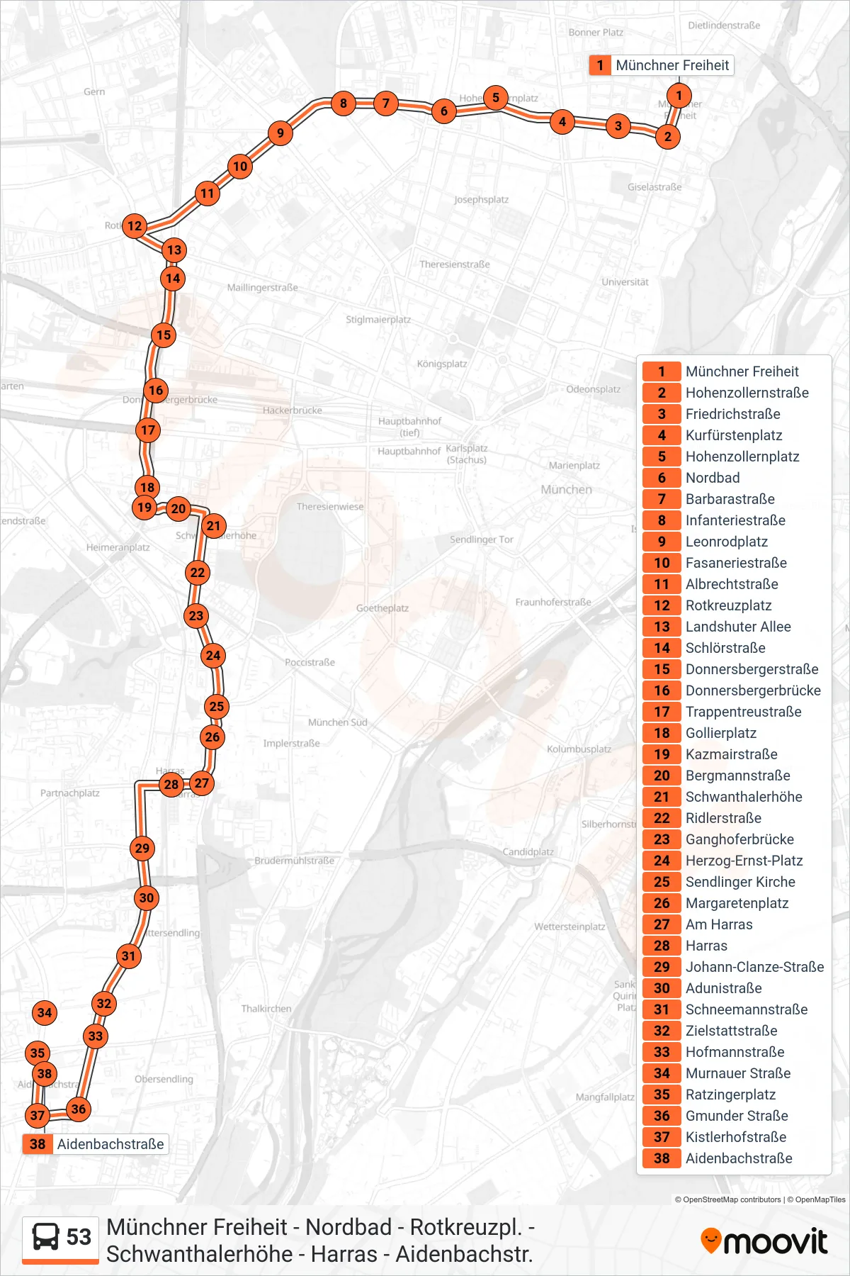 53 bus Line (Aidenbachstraße) route and stops on a map