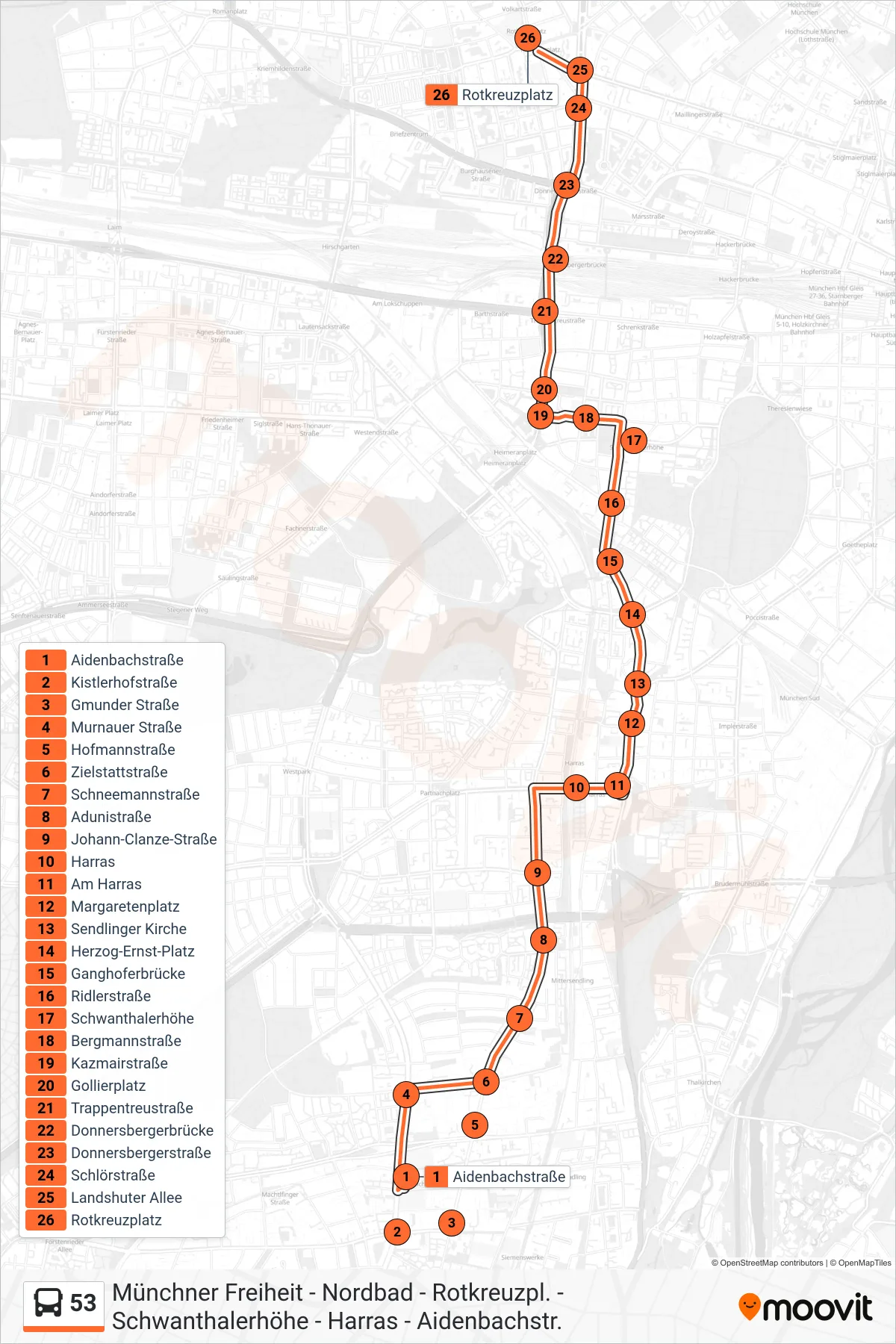 53 bus Line (Rotkreuzplatz) route and stops on a map