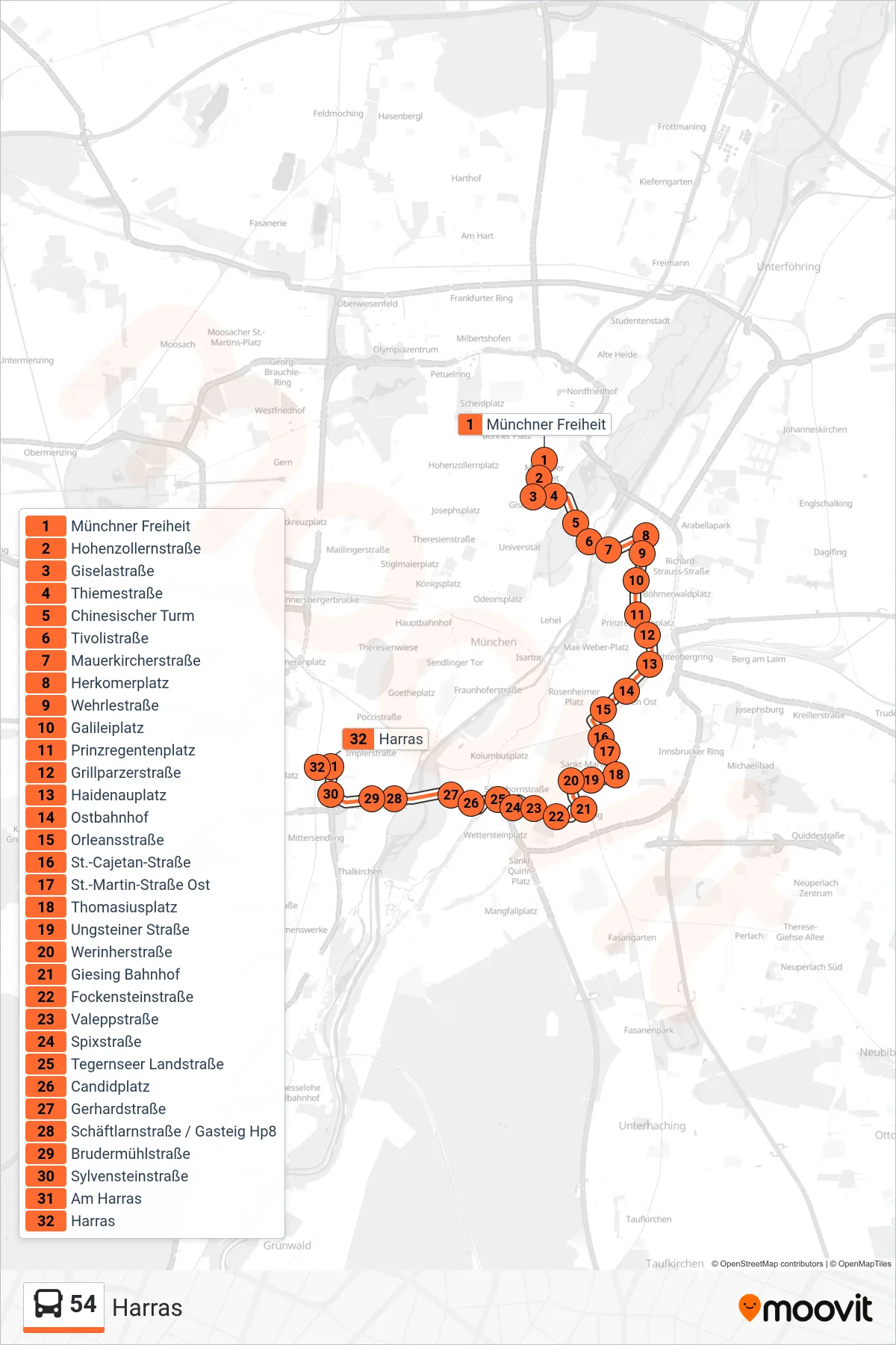 54 bus Line (Harras) route and stops on a map