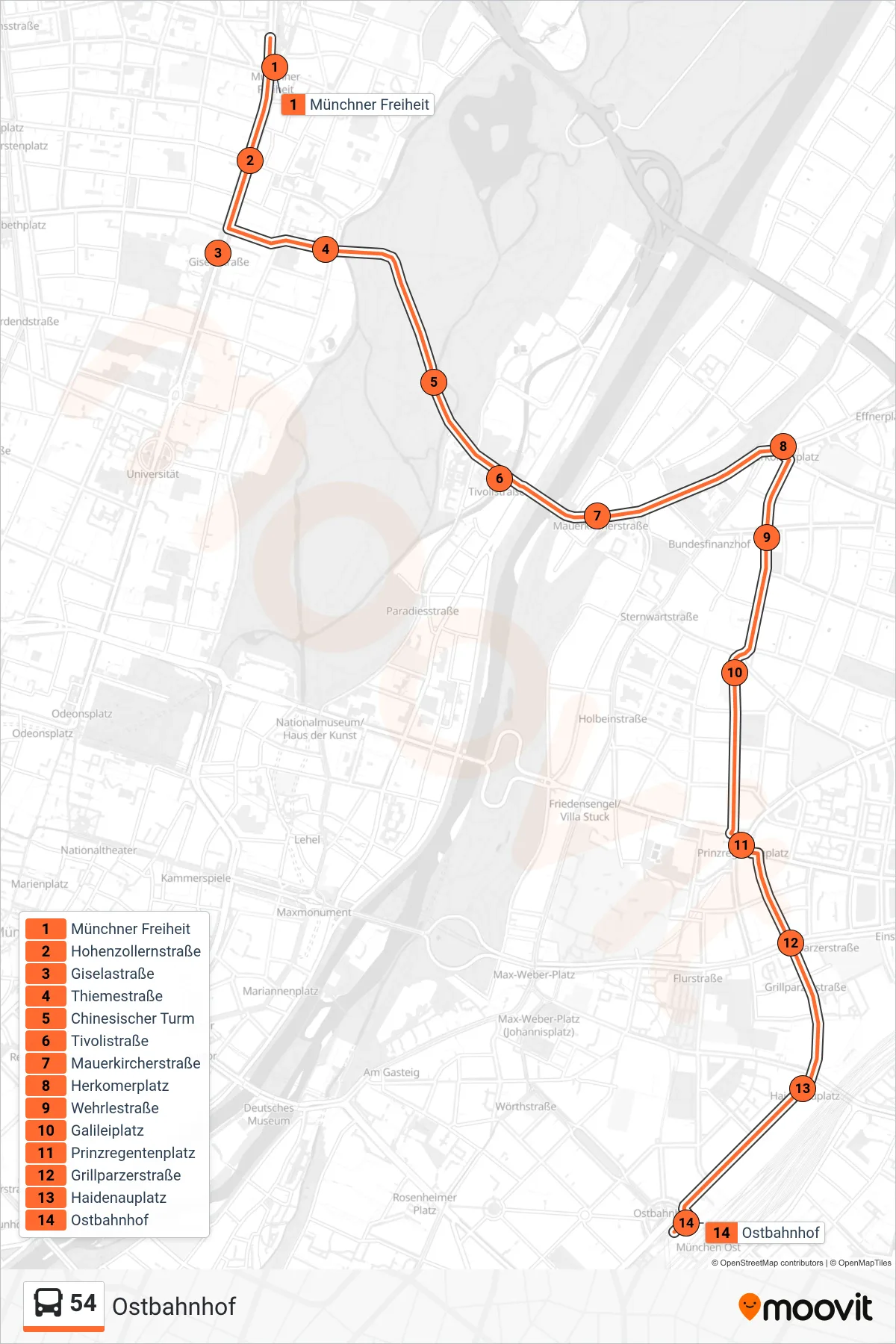 54 bus Line (Ostbahnhof) route and stops on a map