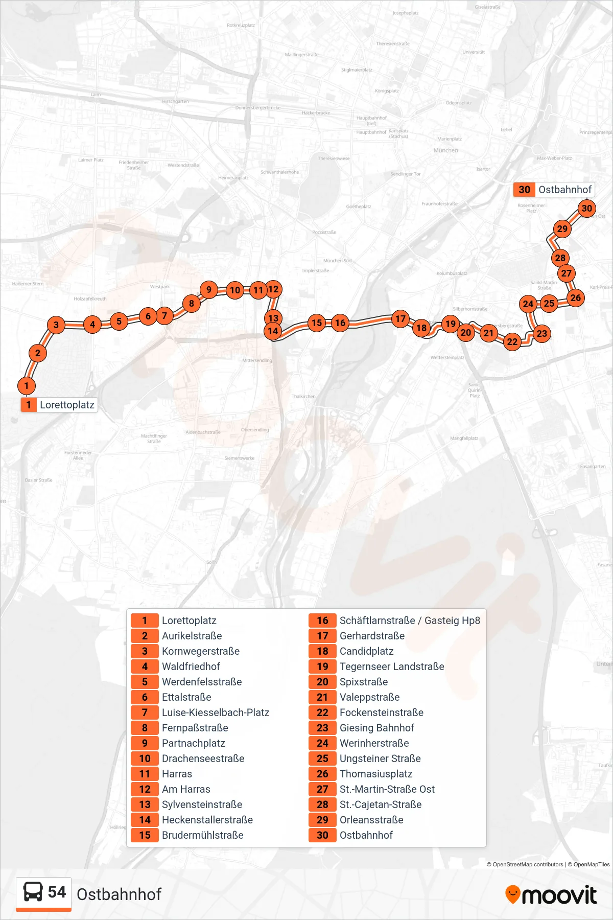54 bus Line (Ostbahnhof) route and stops on a map