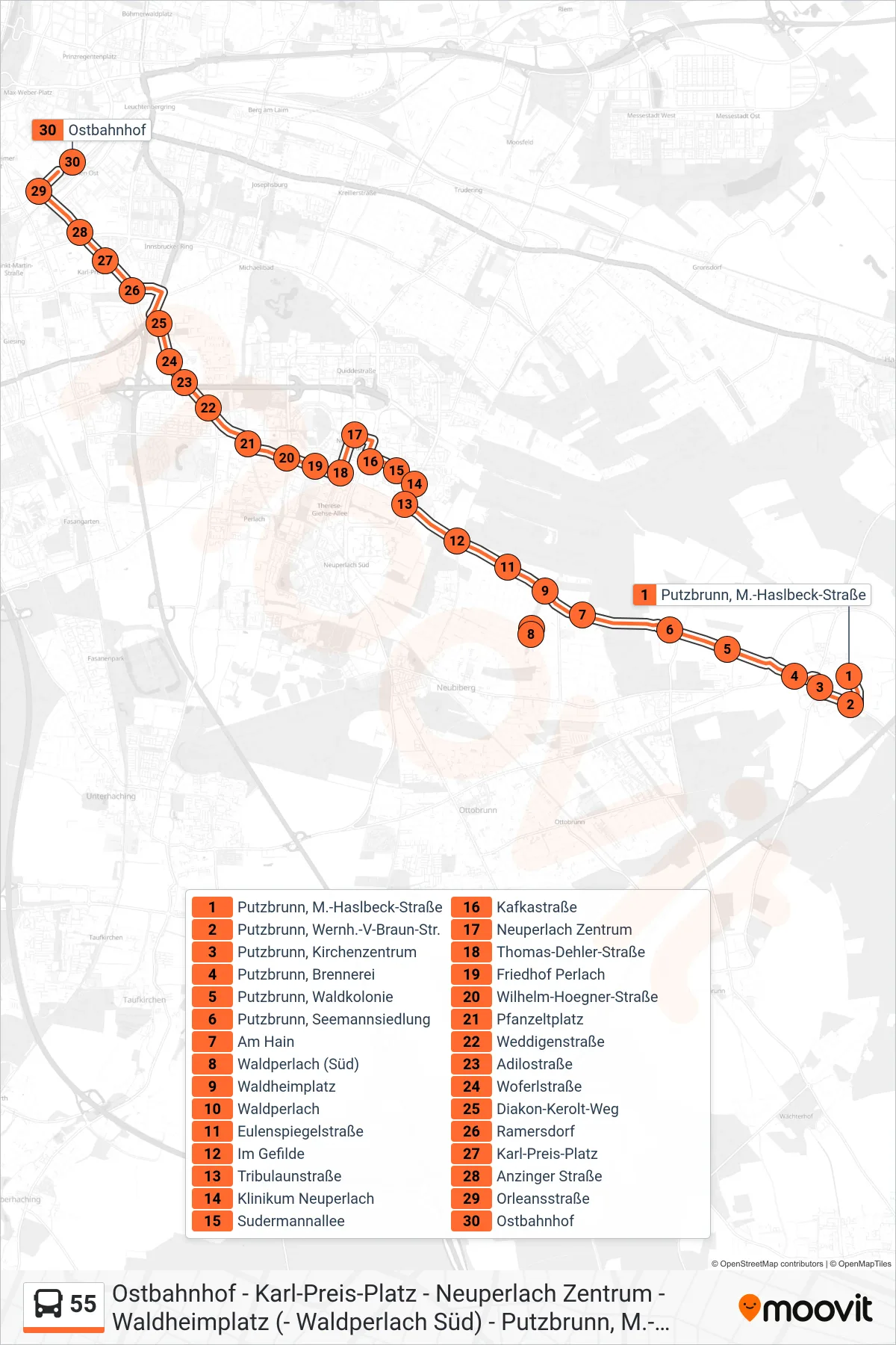 Linie 55 (Bus) Richtung Ostbahnhof: Route und Haltestellen auf der Karte