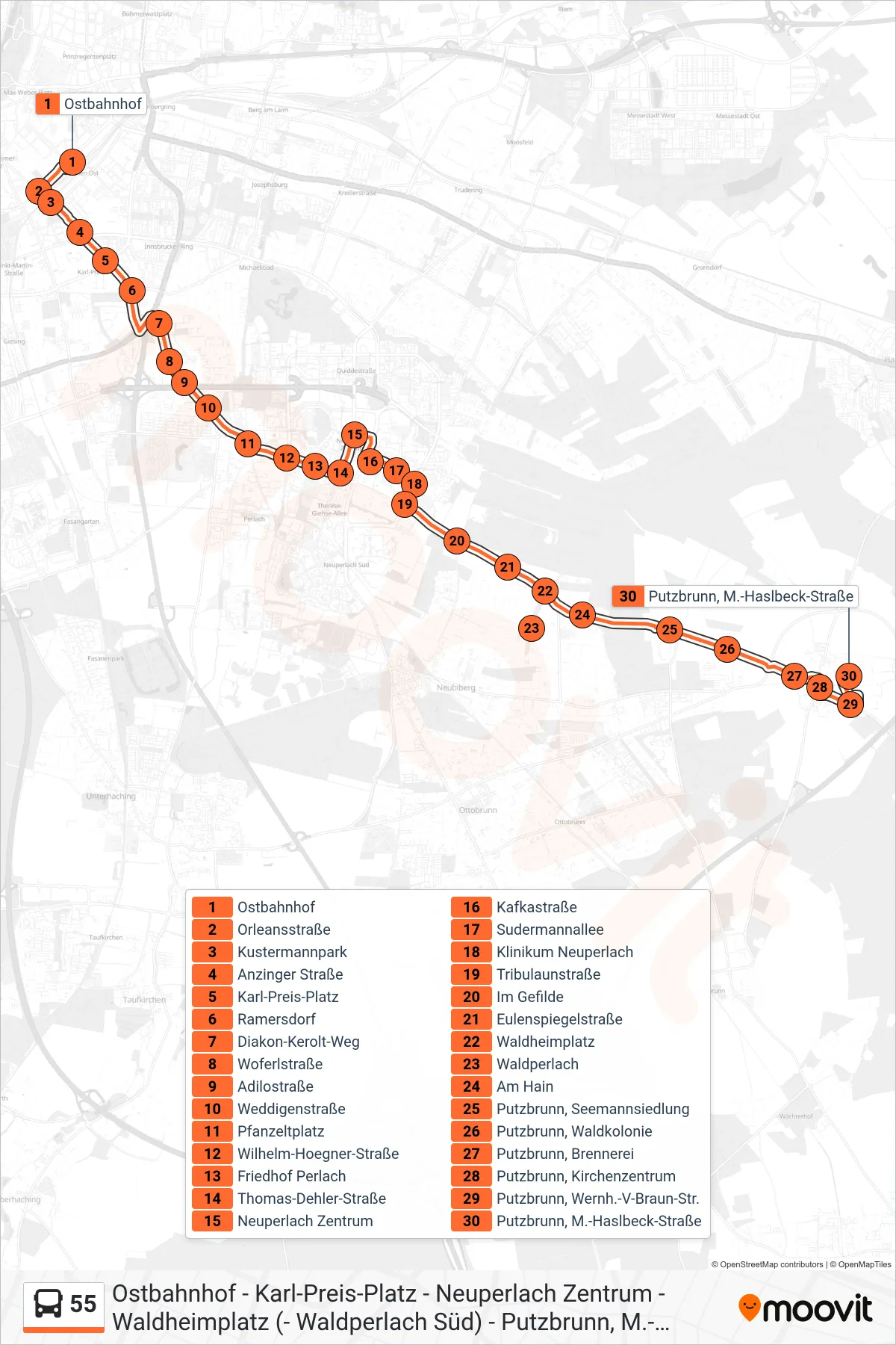 55 bus Line (Putzbrunn, M.-Haslbeck-Straße) route and stops on a map