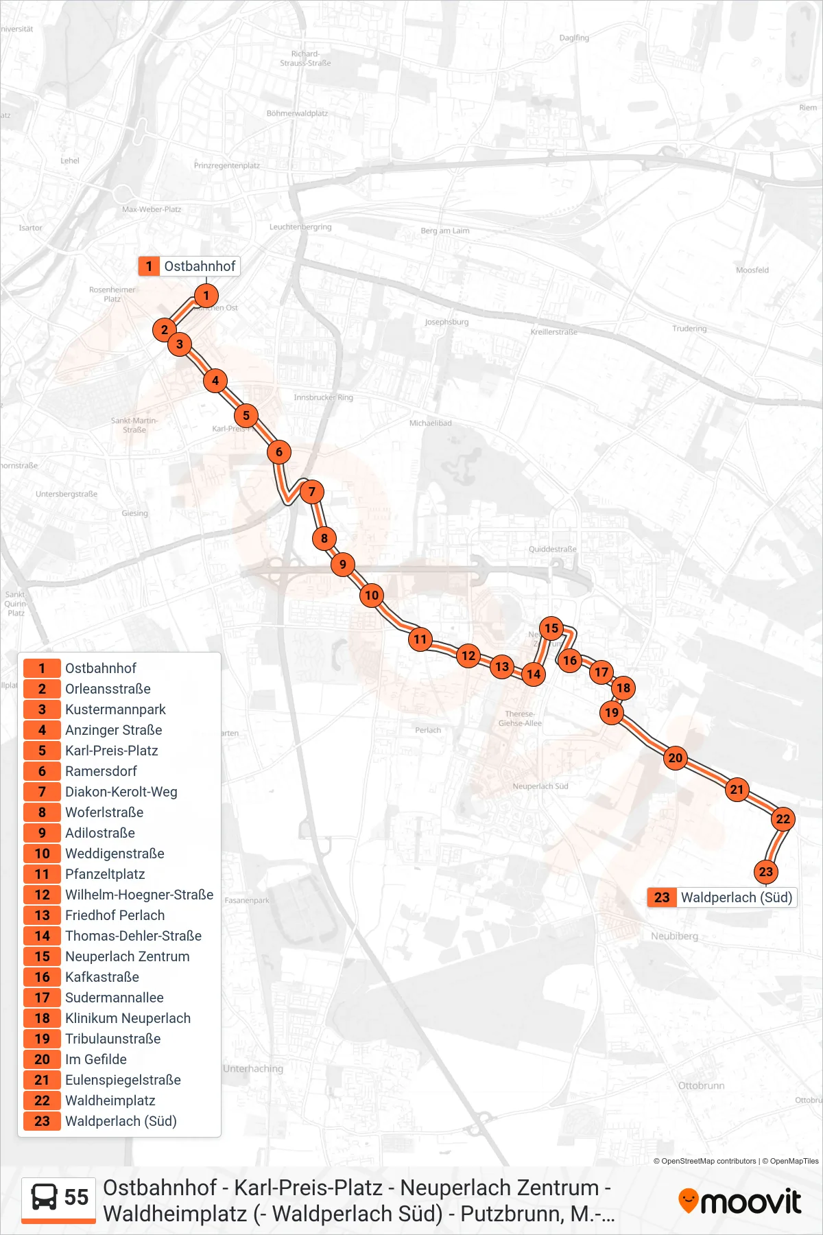 Linie 55 (Bus) Richtung Waldperlach (Süd): Route und Haltestellen auf der Karte