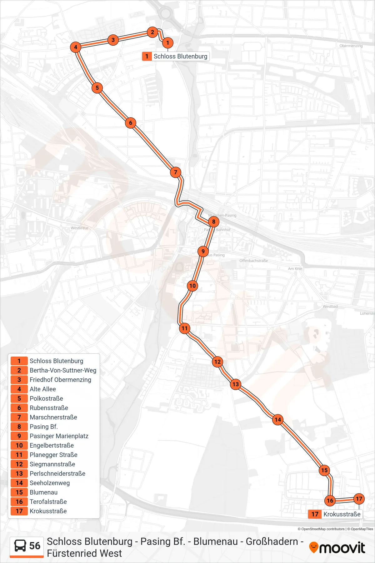 Linie 56 (Bus) Richtung Krokusstraße: Route und Haltestellen auf der Karte