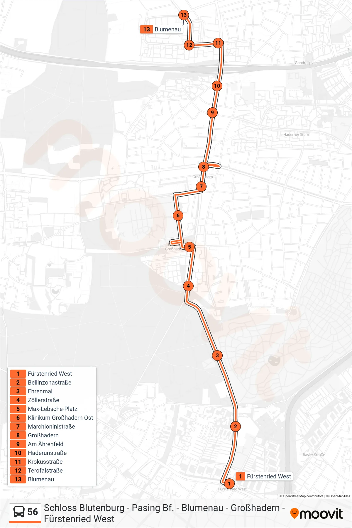56 bus Line (Blumenau) route and stops on a map