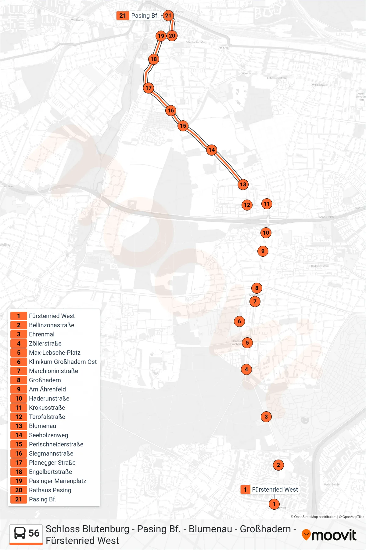 56 bus Line (Pasing) route and stops on a map