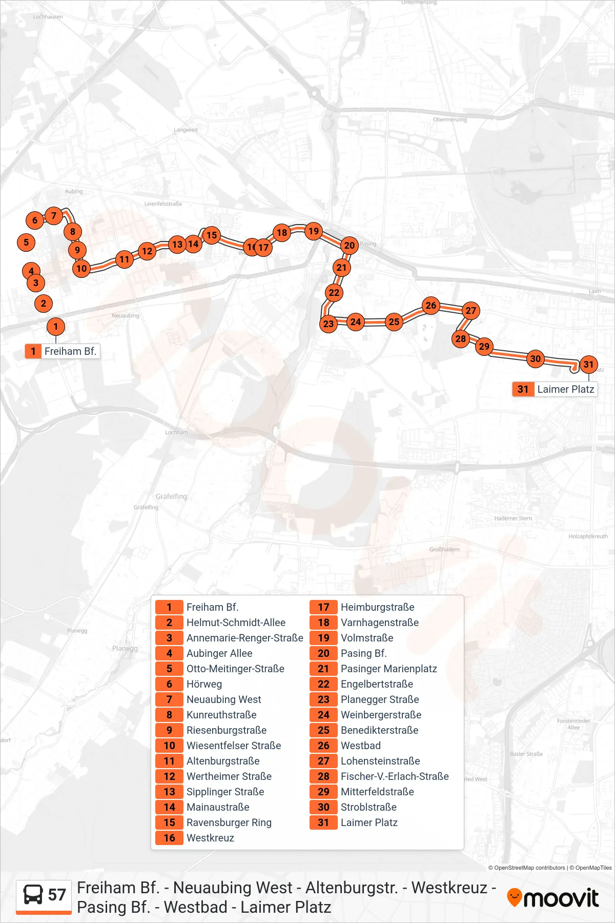 Linie 57 (Bus) Richtung Laimer Platz: Route und Haltestellen auf der Karte