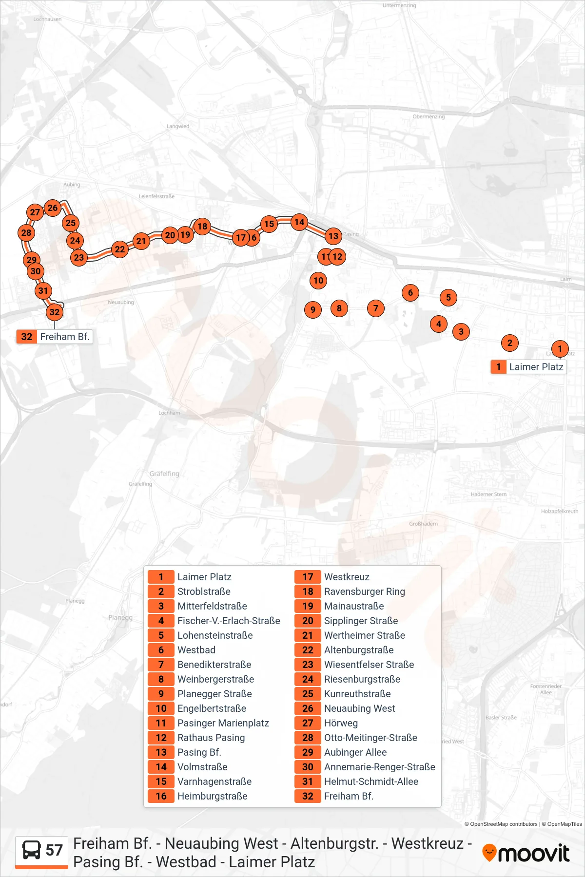 57 bus Line (Freiham) route and stops on a map