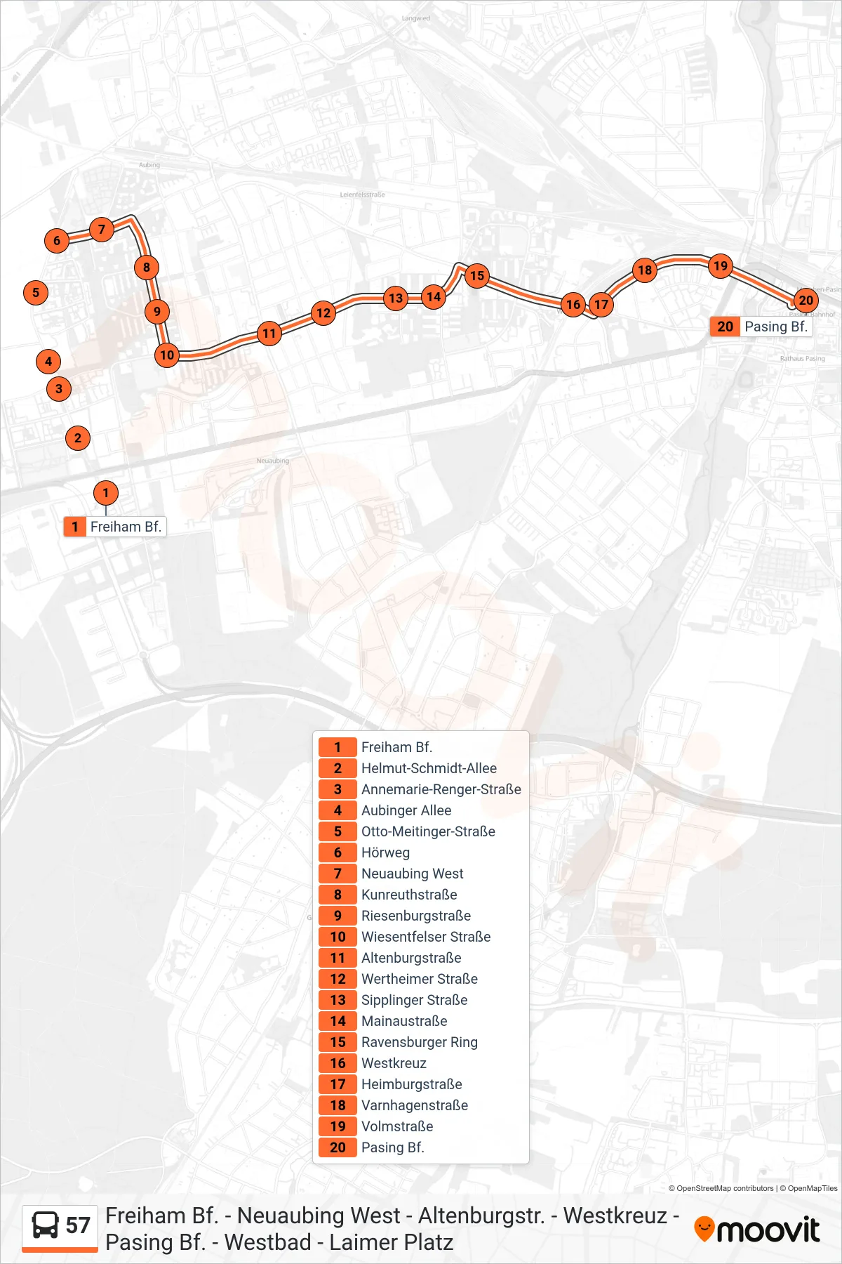 57 bus Line (Pasing) route and stops on a map