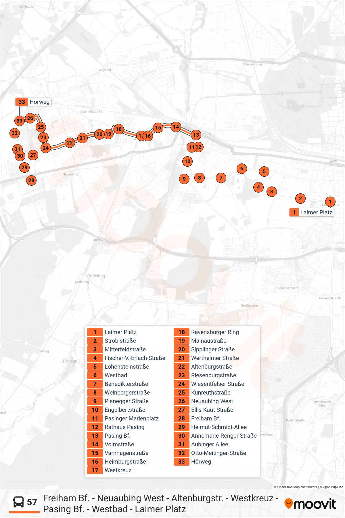 57 bus Line (Hörweg) route and stops on a map