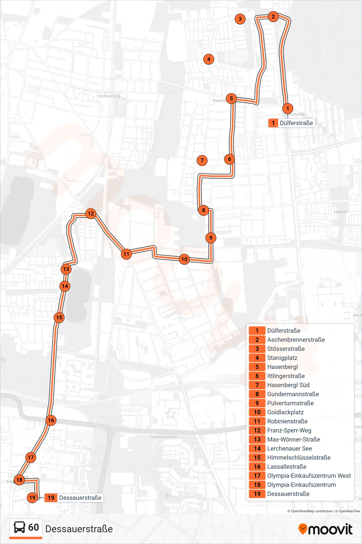 60 bus Line (Dessauerstraße) route and stops on a map