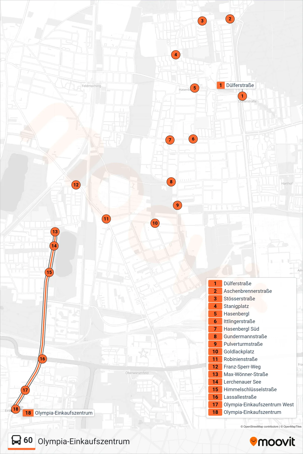 Linie 60 (Bus) Richtung Olympia-Einkaufszentrum: Route und Haltestellen auf der Karte