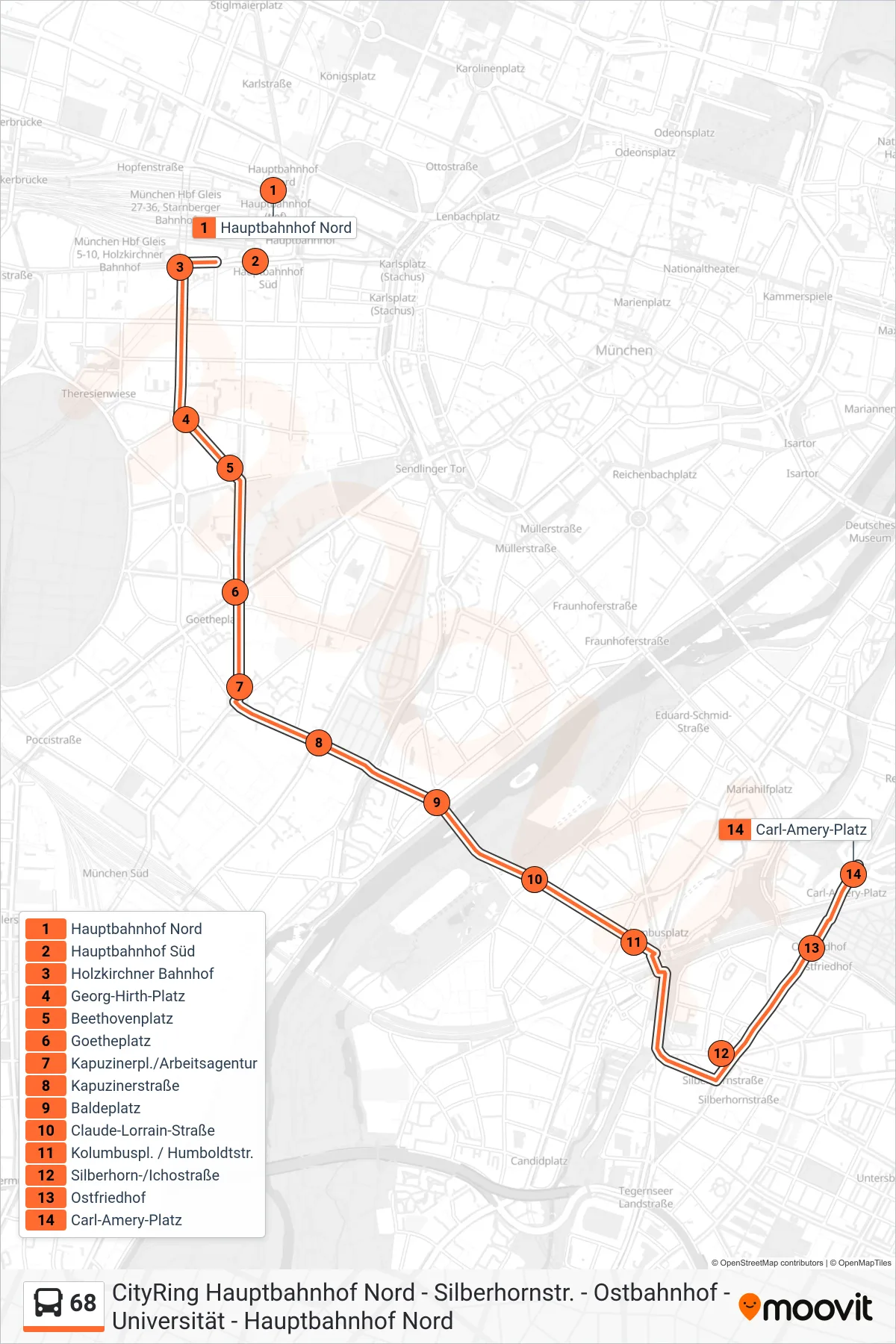 Linie 68 (Bus) Richtung Carl-Amery-Platz: Route und Haltestellen auf der Karte