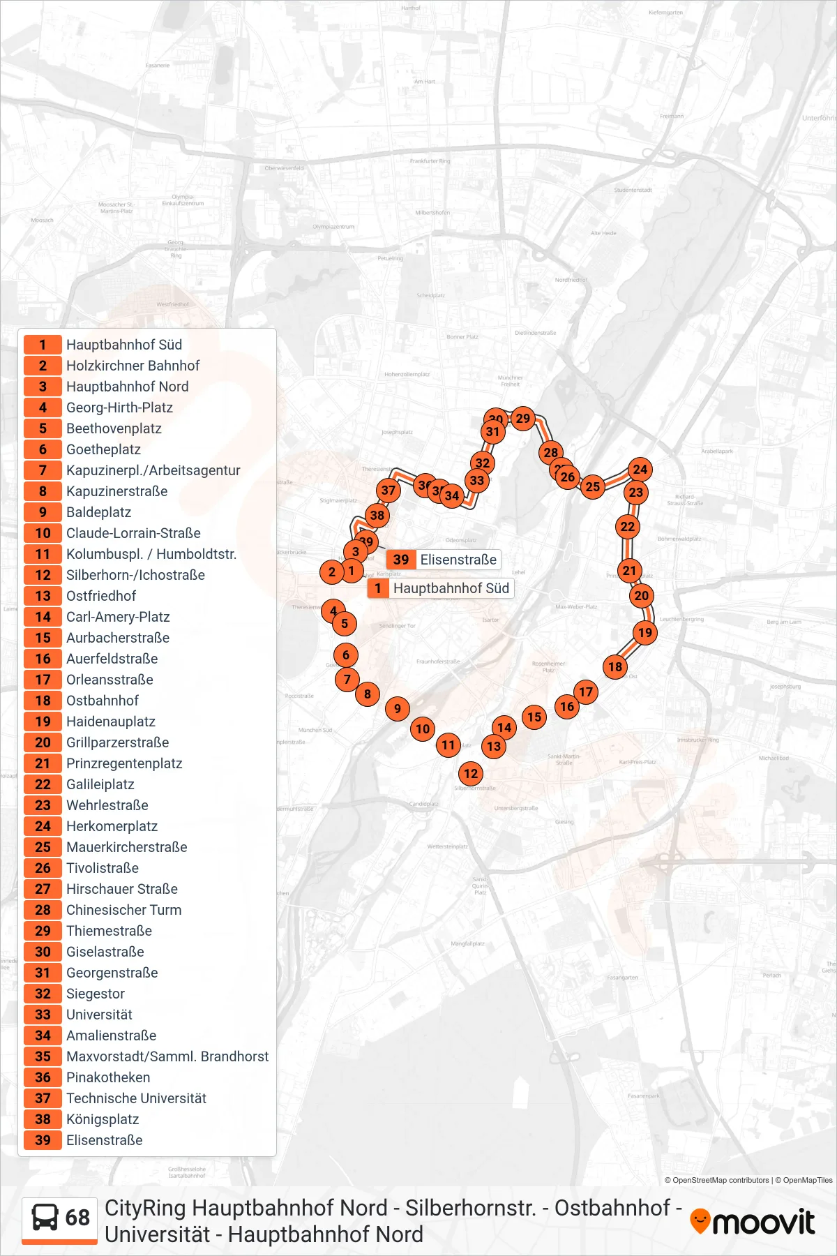 68 bus Line (Hauptbahnhof Nord) route and stops on a map