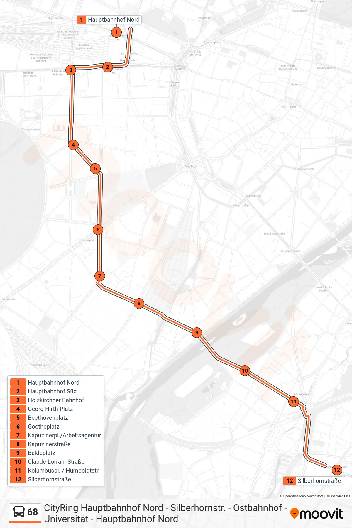 Linie 68 (Bus) Richtung Silberhornstraße: Route und Haltestellen auf der Karte