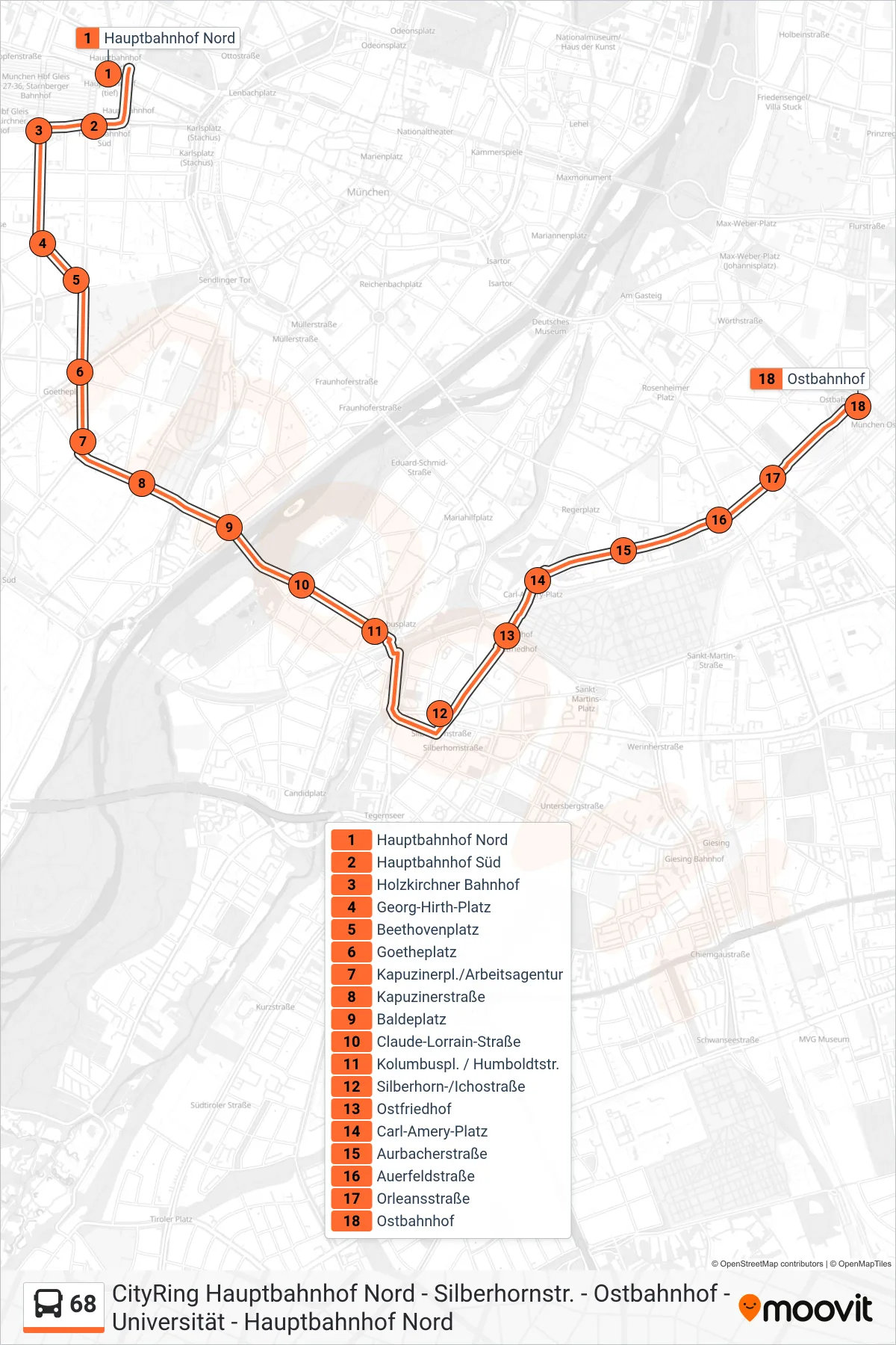 68 bus Line (Ostbahnhof) route and stops on a map