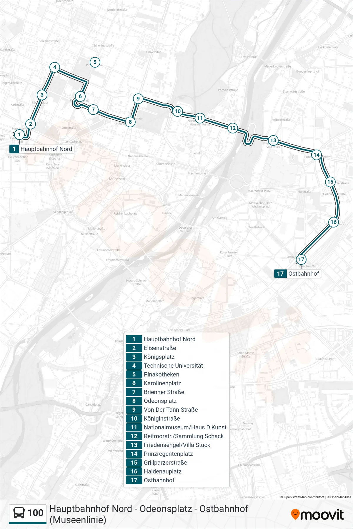 100 bus Line (Ostbahnhof) route and stops on a map