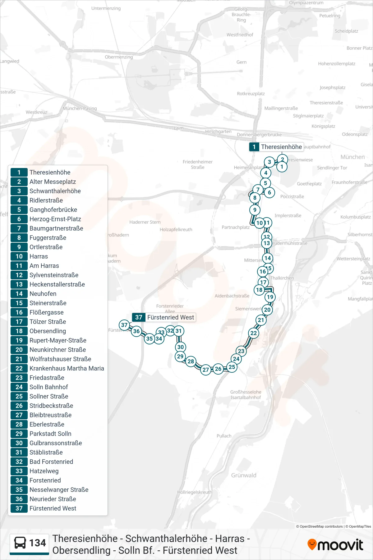 134 bus Line (Fürstenried West) route and stops on a map