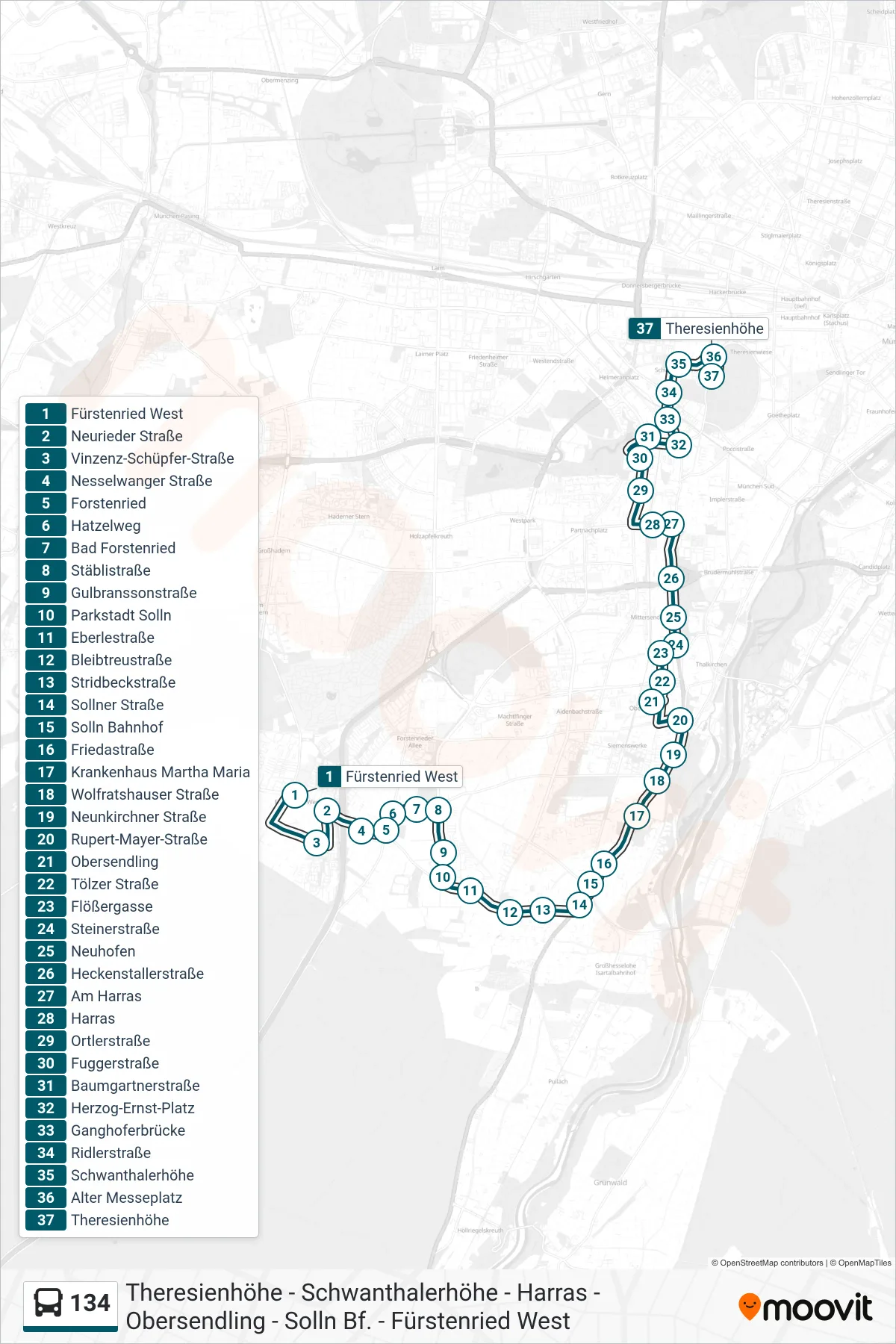 Linie 134 (Bus) Richtung Theresienhöhe: Route und Haltestellen auf der Karte