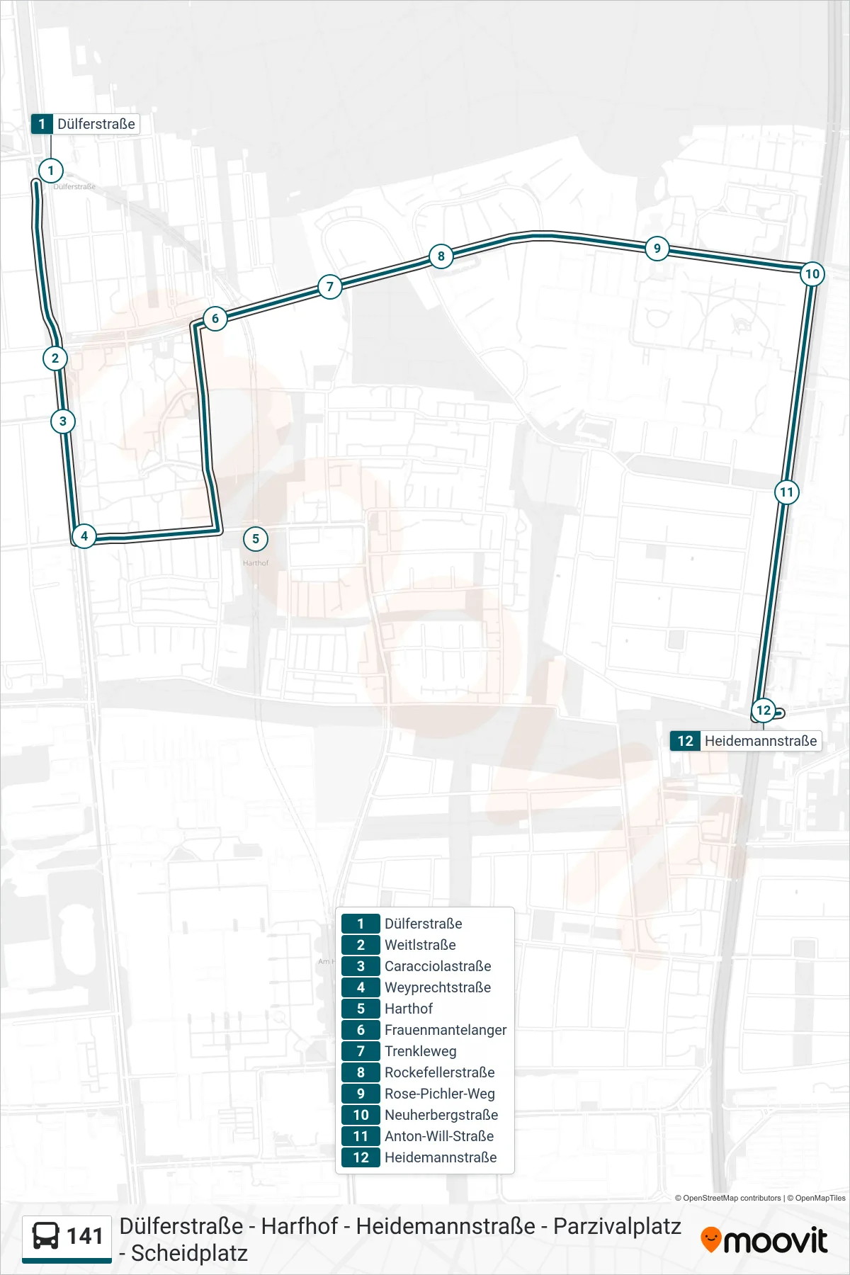 Linie 141 (Bus) Richtung Heidemannstraße: Route und Haltestellen auf der Karte