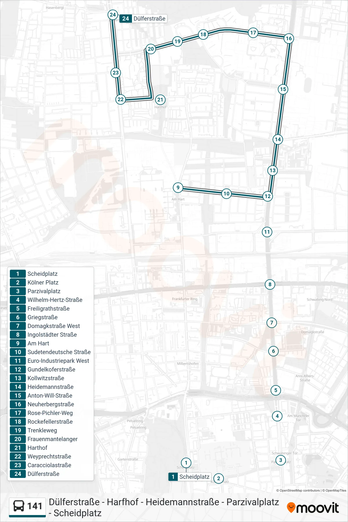 141 bus Line (Dülferstraße) route and stops on a map